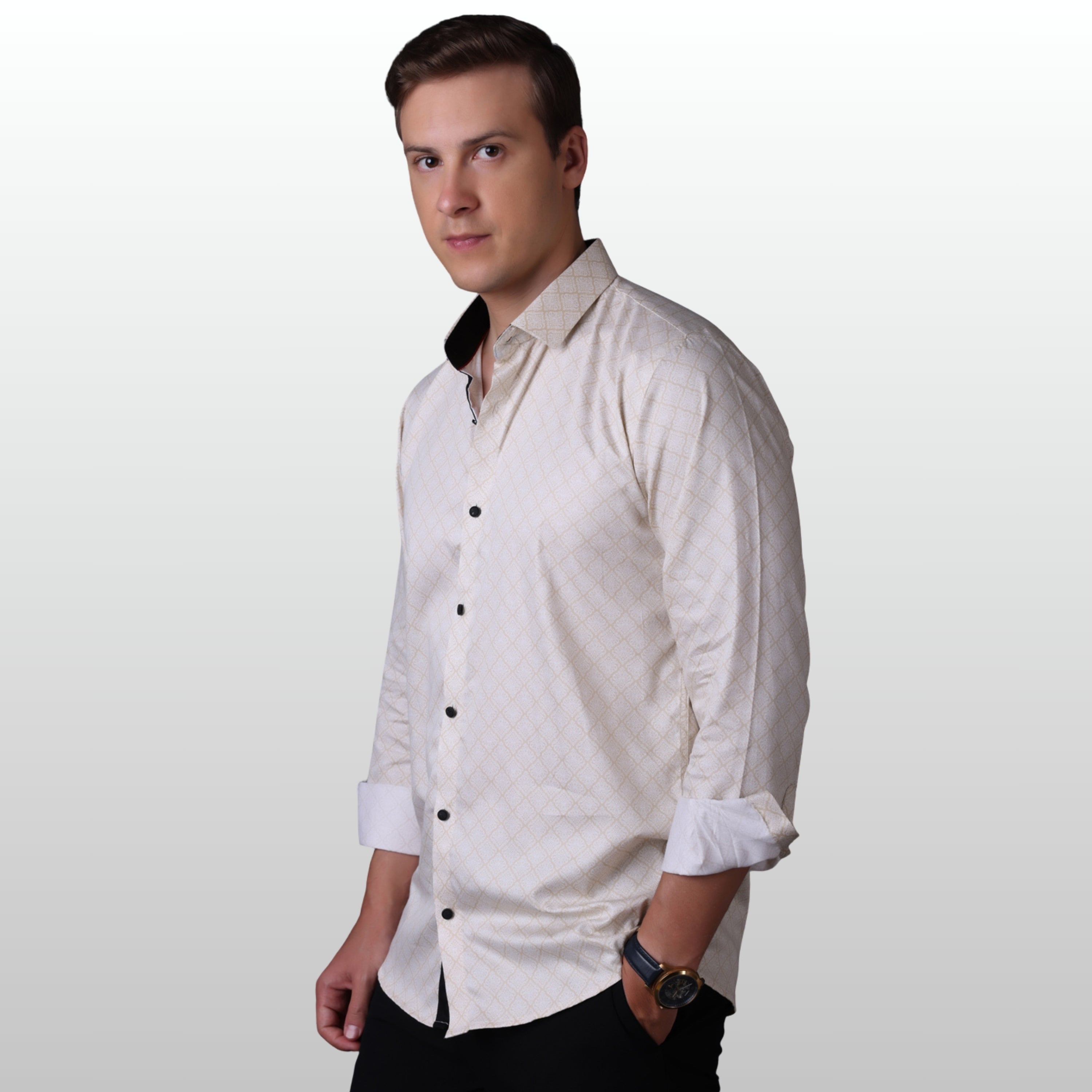 Geometrical Print Casual Shirt Beige Color