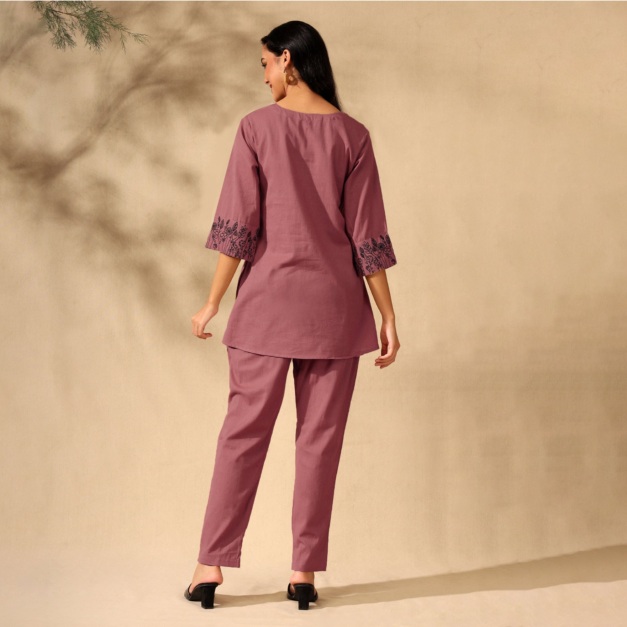 Botanical Embroidered Pure Cotton Tunic With Trousers Pink Co-ord Set