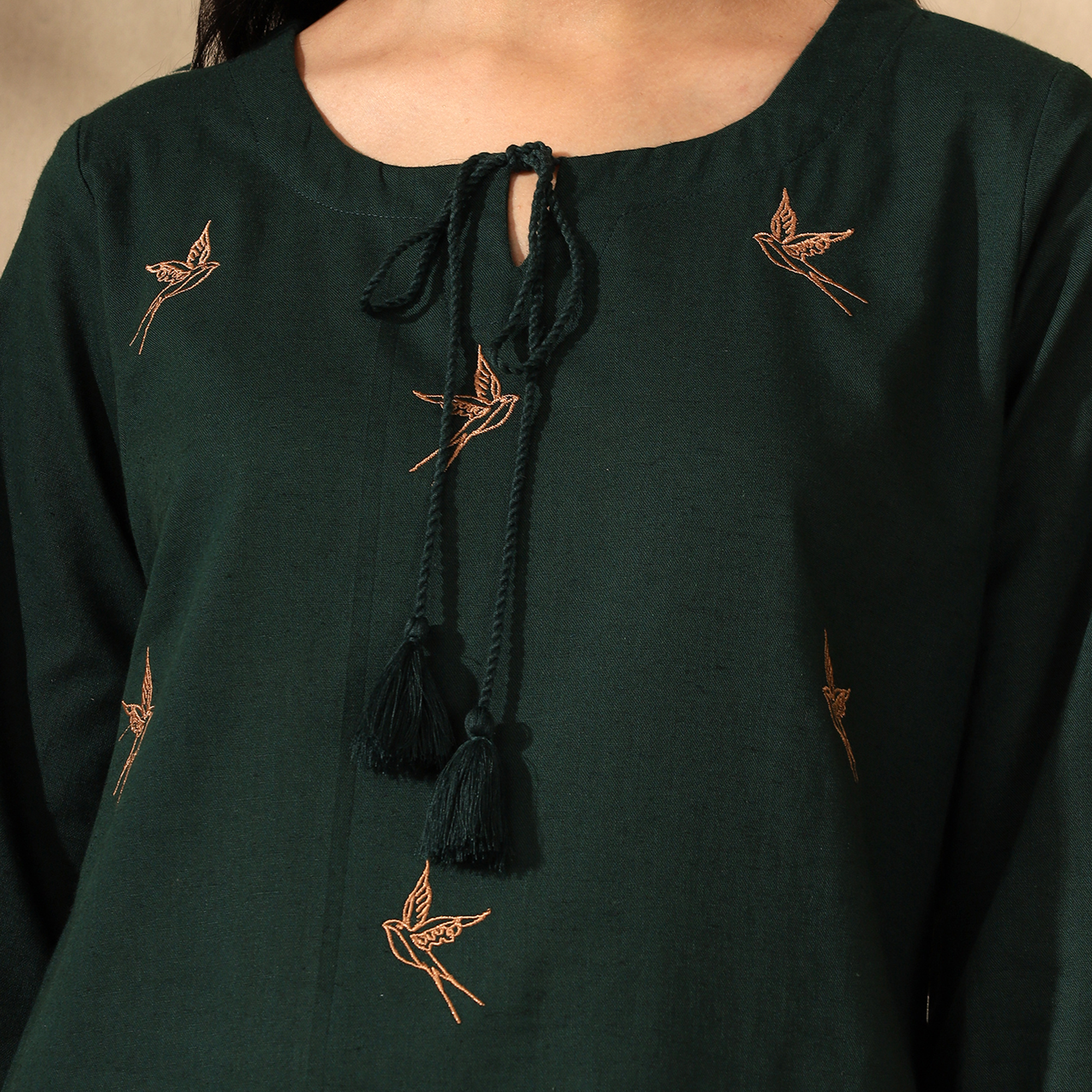 Embroidered Pure Cotton Tunic With Trousers Dark Green Co-ord Set