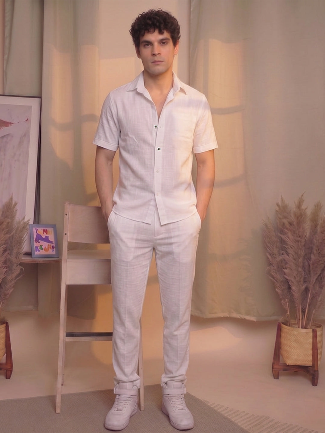 Men’s Premium Cotton Co-Ord Set | Resort Collar Shirt & Trouser Set | White