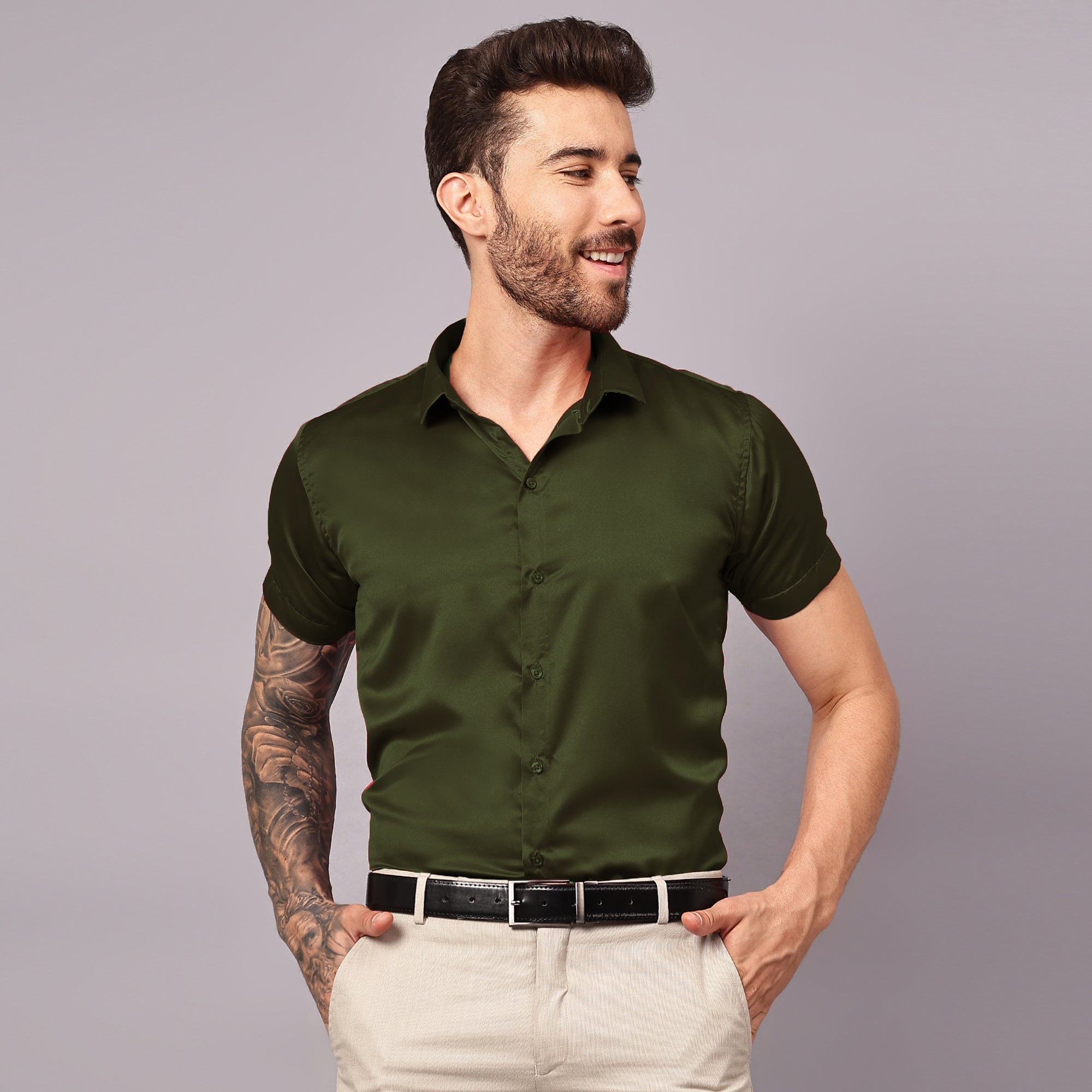 Satin Half Formal Shirt Olive Green Color