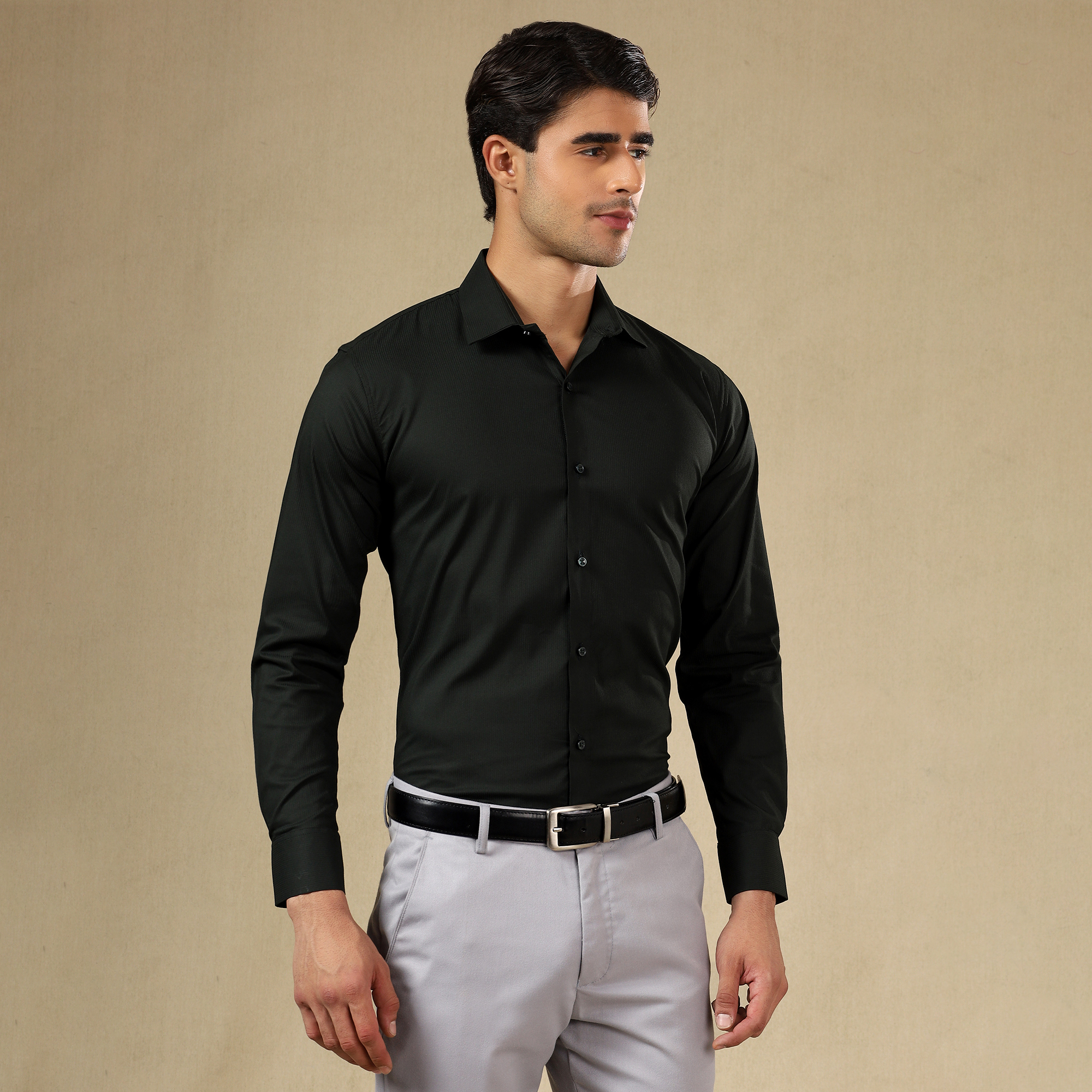 Premium SELF SHIRTS FOR MEN - Textured Formal Shirts Collection | Professional Office Wear | Modern Man’s Self-Striped Statement Shirt-DARK GREEN
