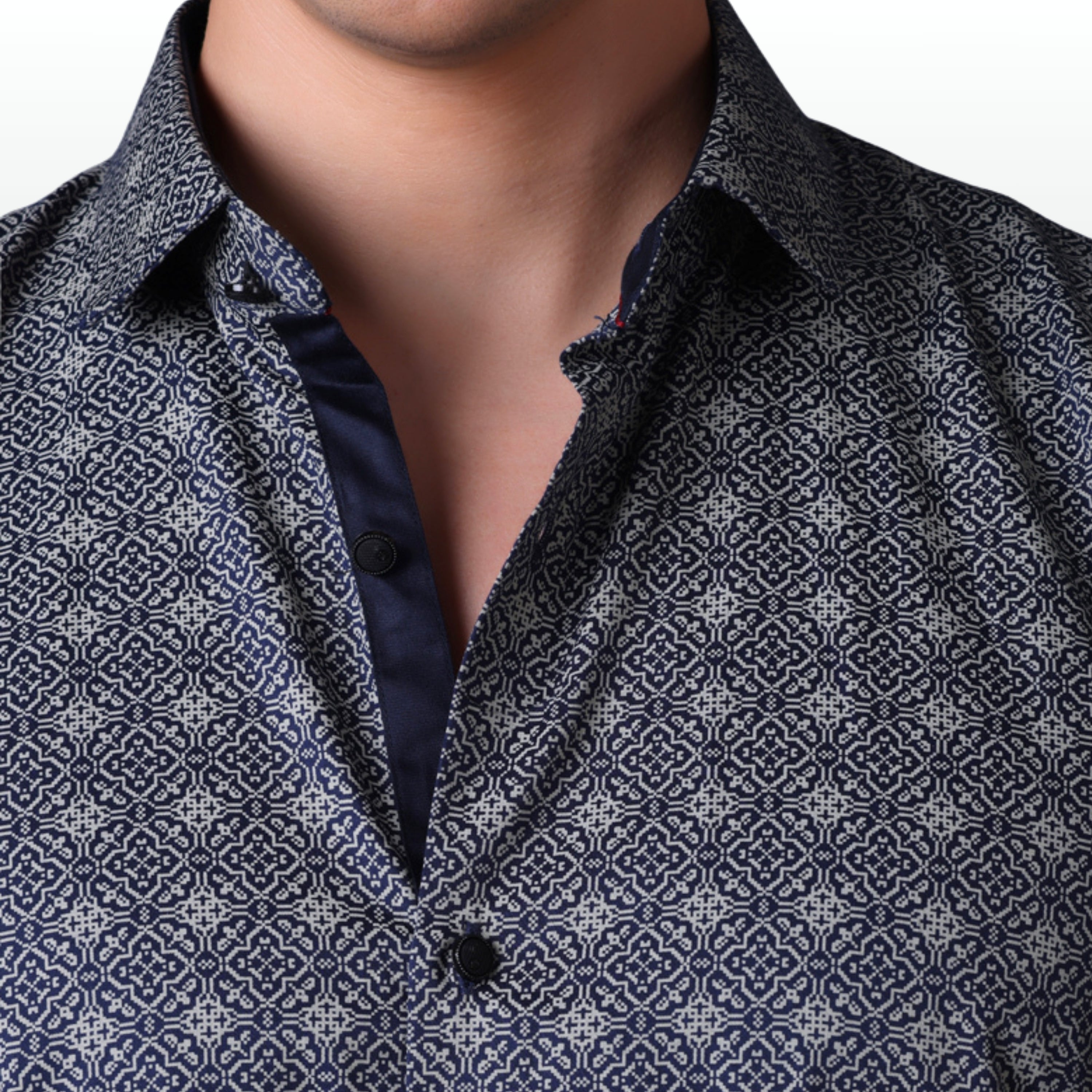 PRINTED SHIRTS | FORMAL & CASUAL SHIRTS FOR MEN | FILO HEVIS GEOMETRIC PRINTS SHIRT COLLECTION-Navy
