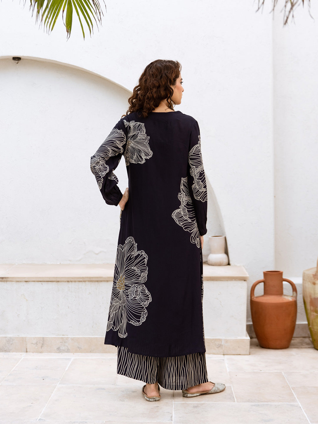 Floral Printed V-Neck A-Line Cotton Rayon Kurta Set- Navy Blue