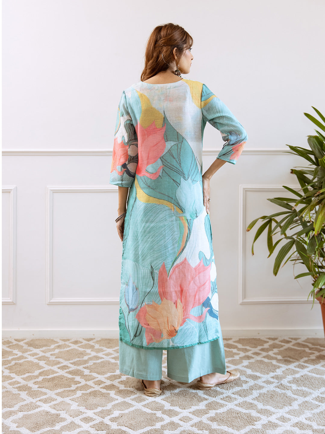 Floral Printed Notched Neck Linen Straight Kurta Set with Dupatta- Multicolor