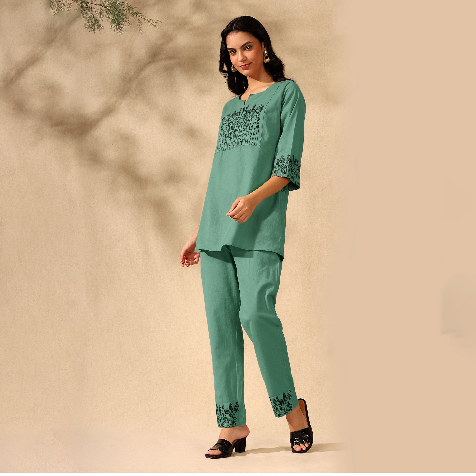 Botanical Embroidered Pure Cotton Tunic With Trousers Green Co-ord Set