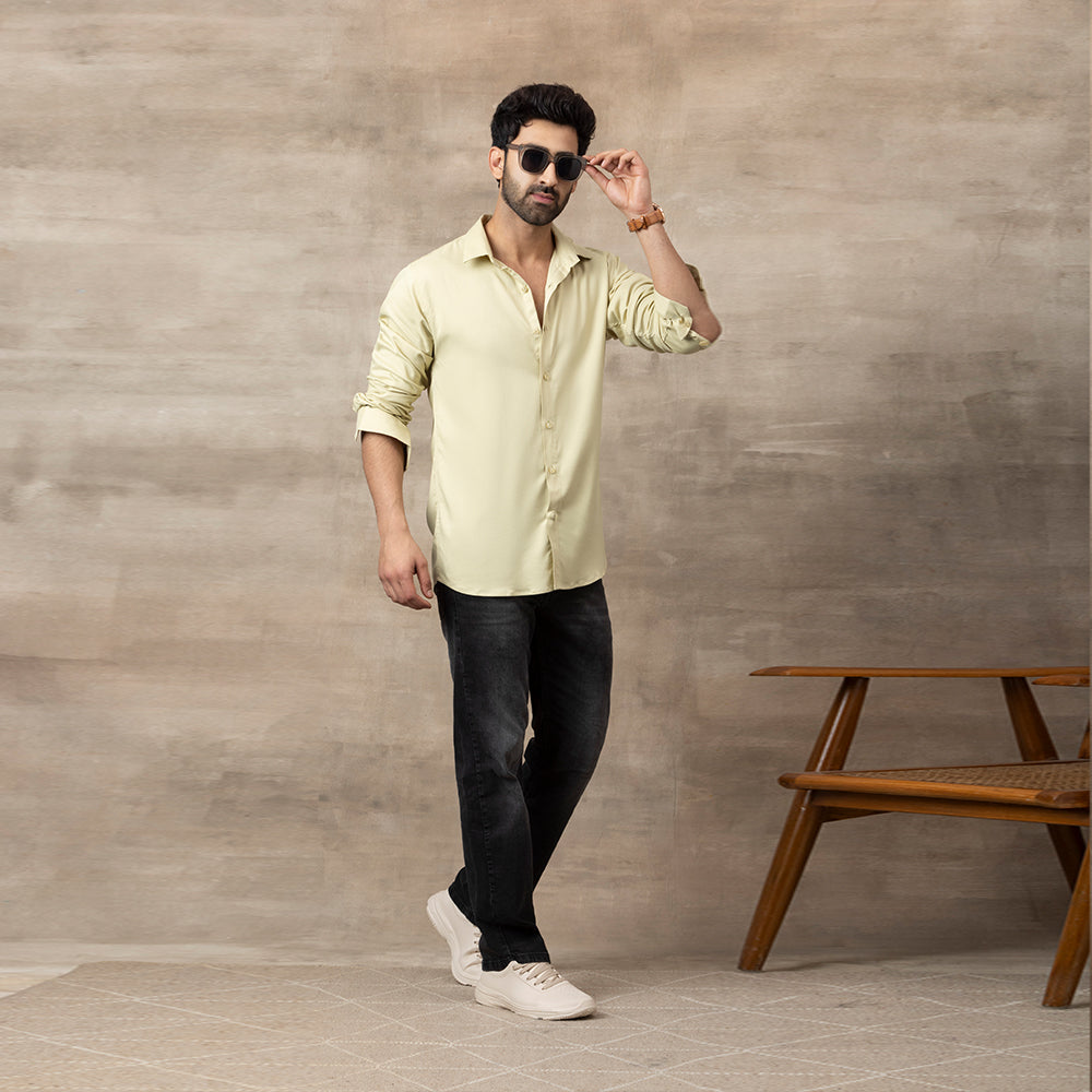 Men Mustang Lycra Soft Stretchable Shirt- Cream Yellow