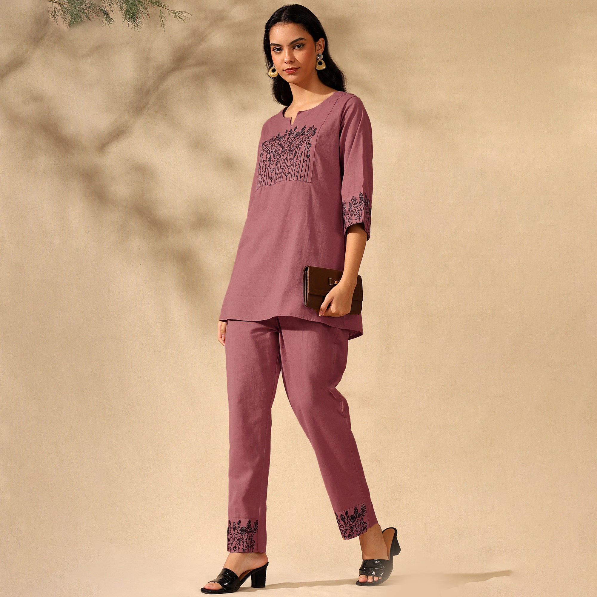 Botanical Embroidered Pure Cotton Tunic With Trousers Pink Co-ord Set