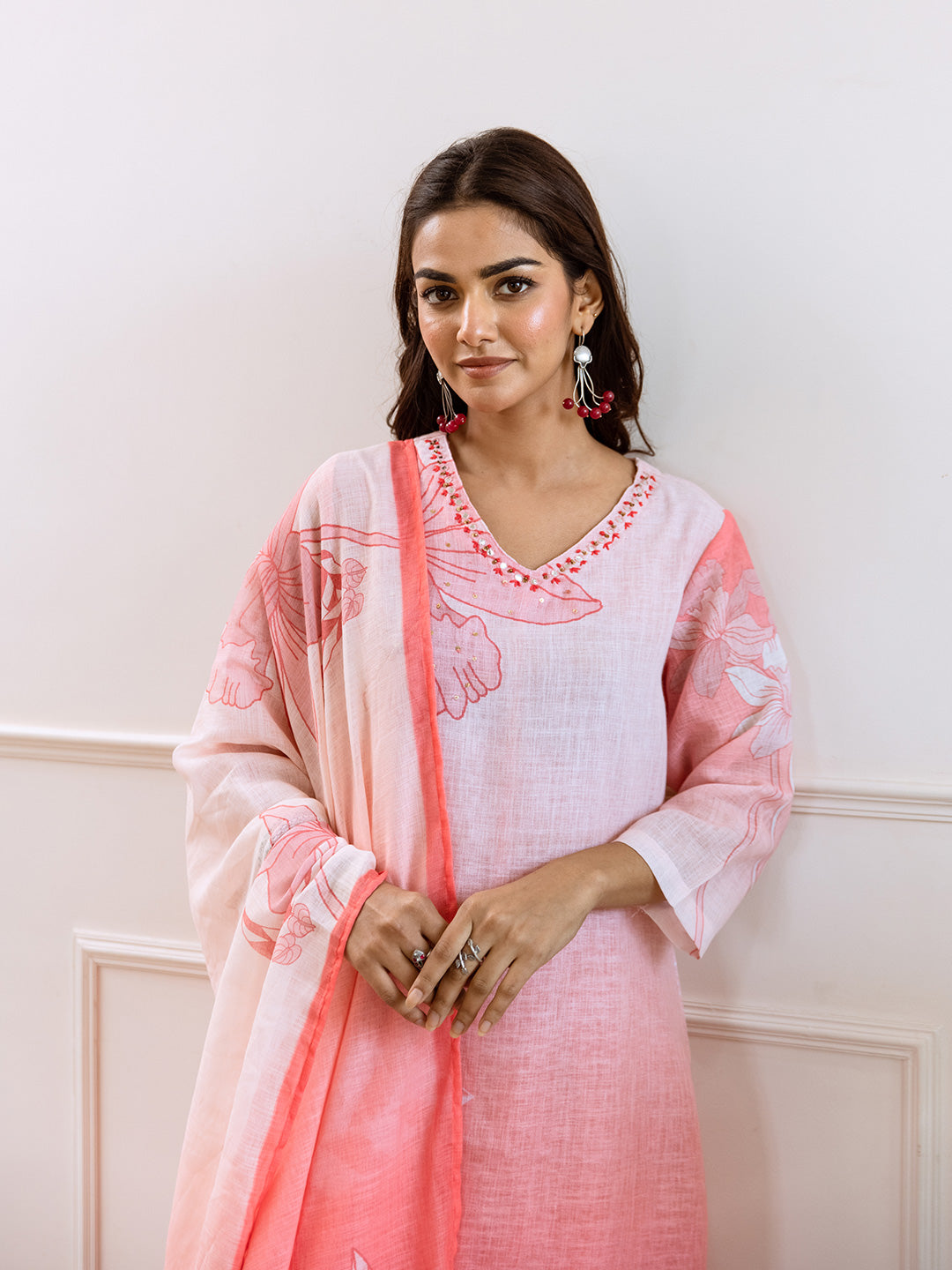 Floral Printed V-Neck Linen Straight Kurta Set with Dupatta- Light Pink