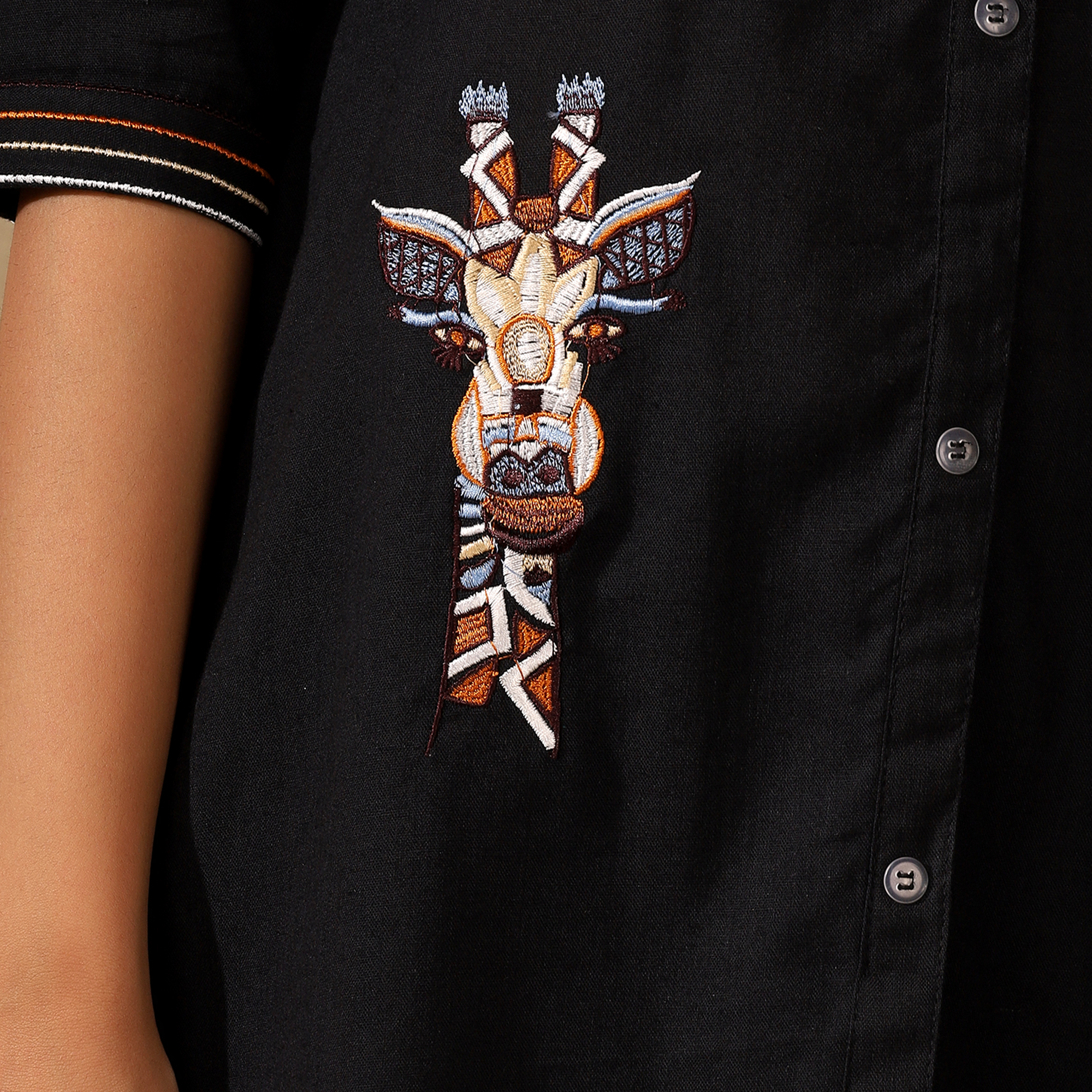 TRIBAL EMBROIDERED COTTON CORD SET FOR WOMEN | SHIRT-PANT FUSION WEAR | BLACK Filo Hevis