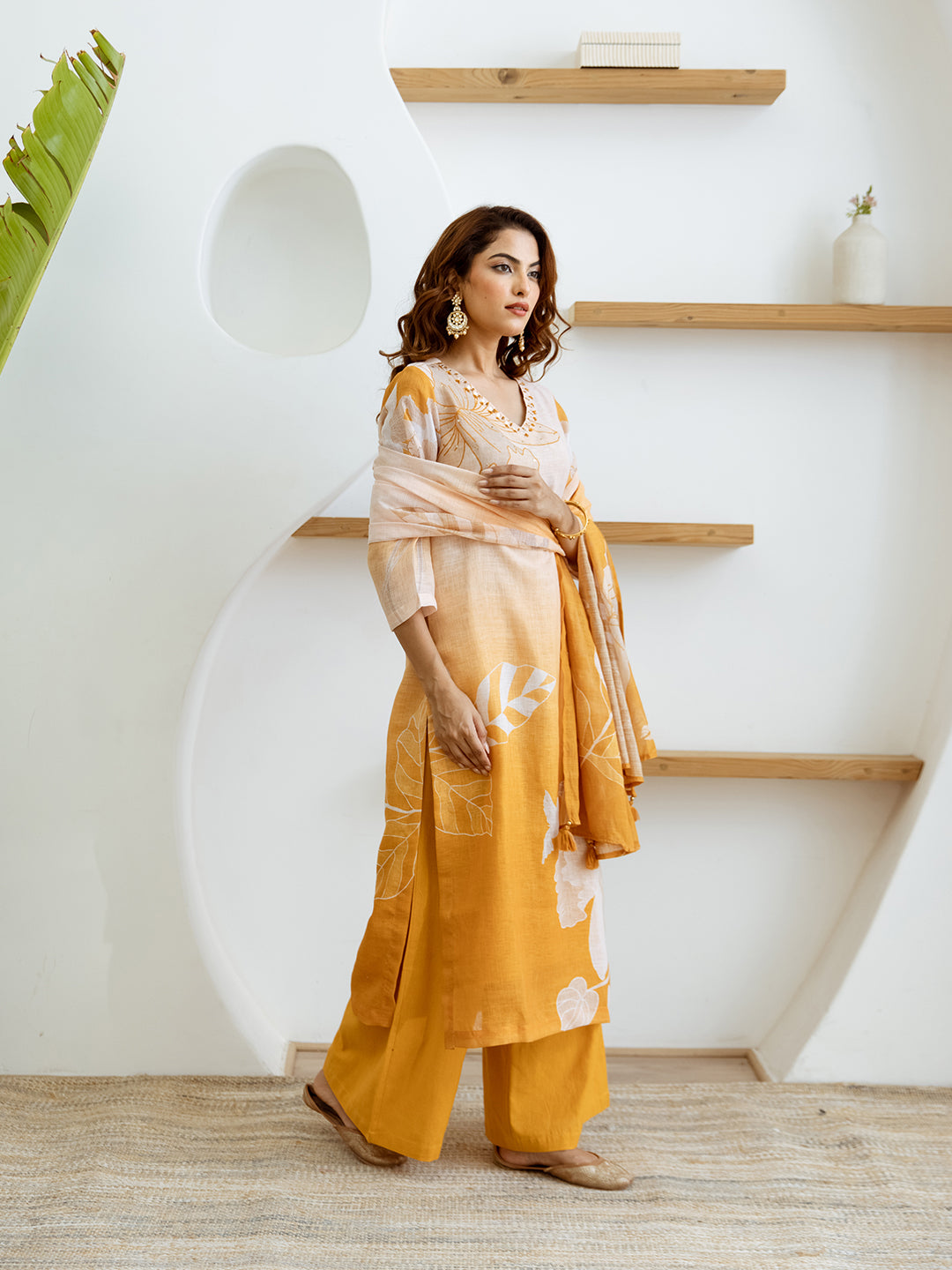 Floral Printed V-Neck Linen Straight Kurta Set with Dupatta- Yellow