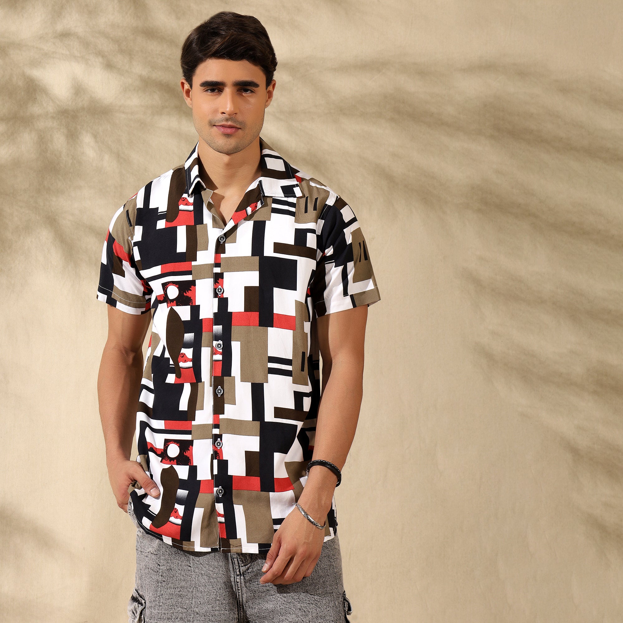 RED HALF CASUAL PRINTED COTTON SHIRT REGULAR FIT FOR MEN