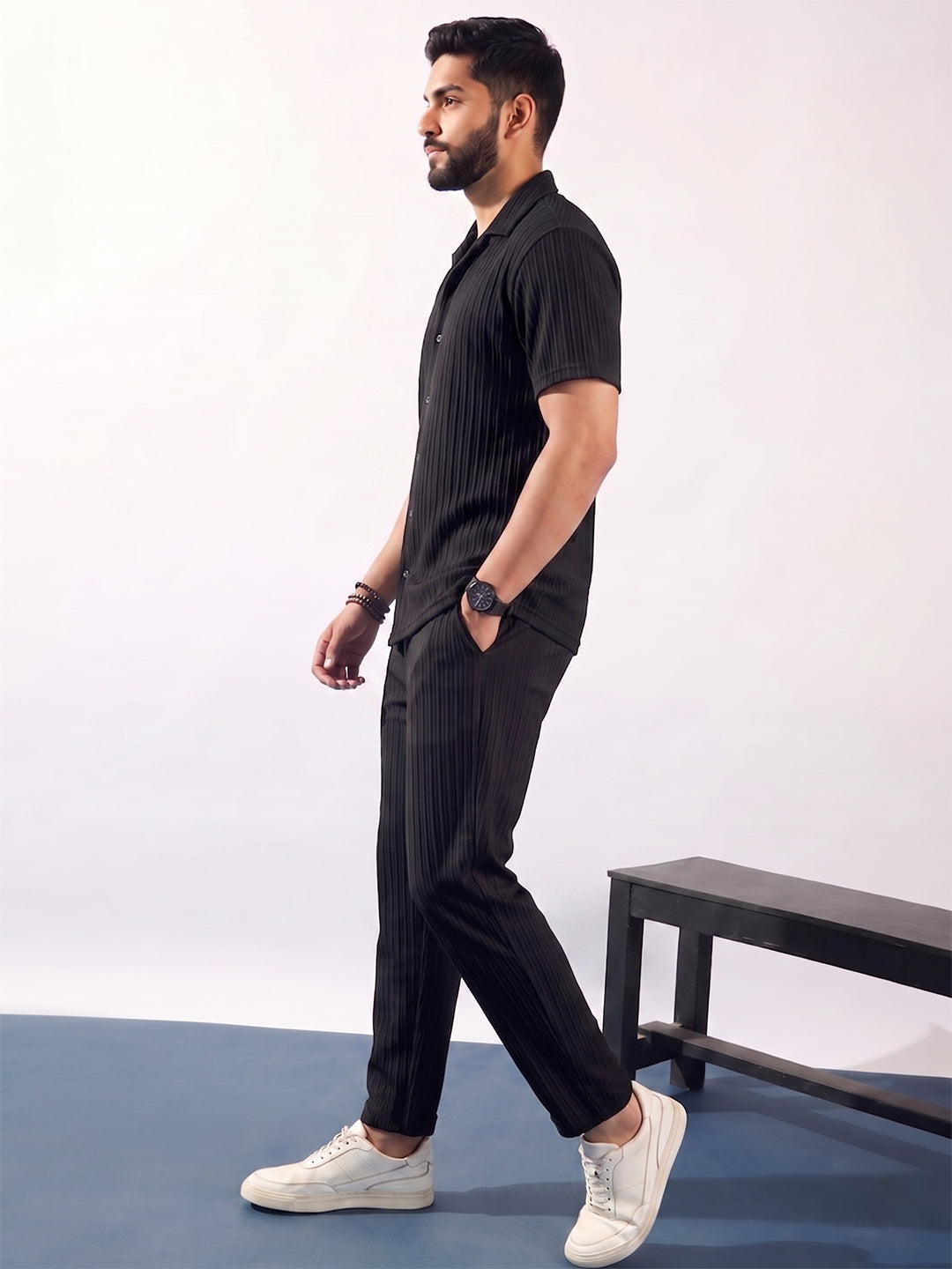 Men’s Black Textured Co-Ord Set – Premium Relaxed Fit Shirt & Trouser Set