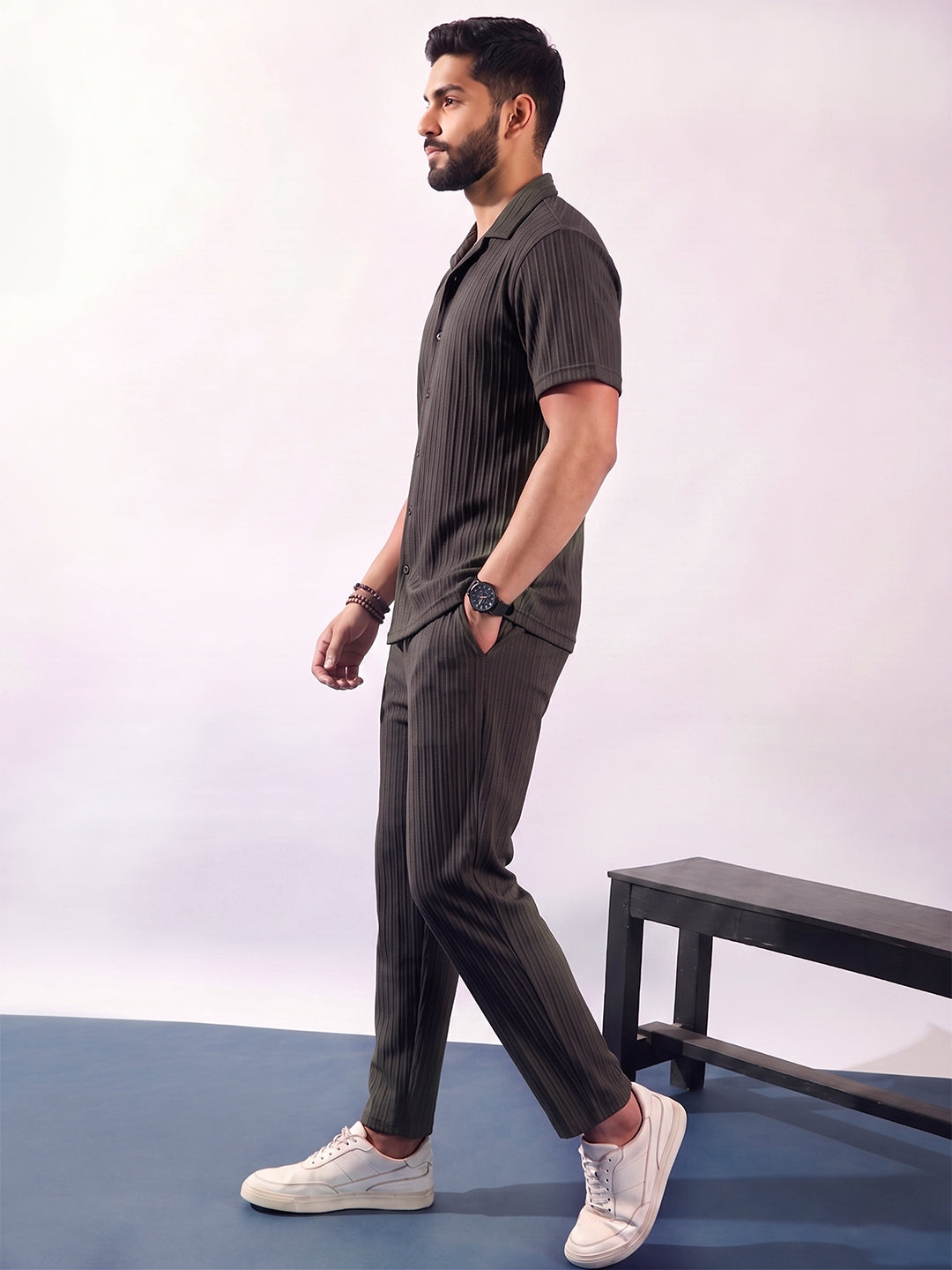 Men’s Dark Grey Textured Co-Ord Set – Premium Relaxed Fit Shirt & Trouser Set