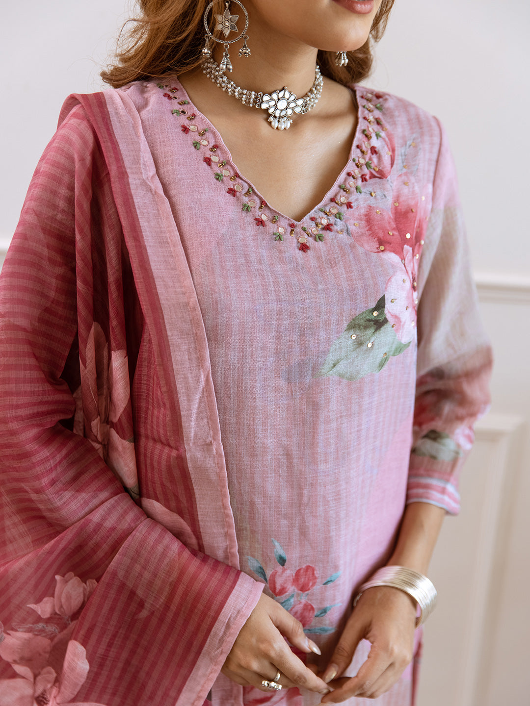 Floral Printed V-Neck Linen Straight Kurta Set with Dupatta- Rose Pink