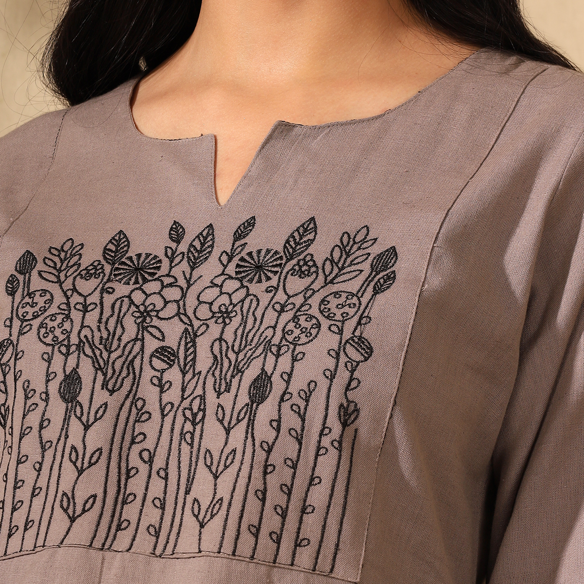Botanical Embroidered Pure Cotton Brown Short Kurti/Tunic