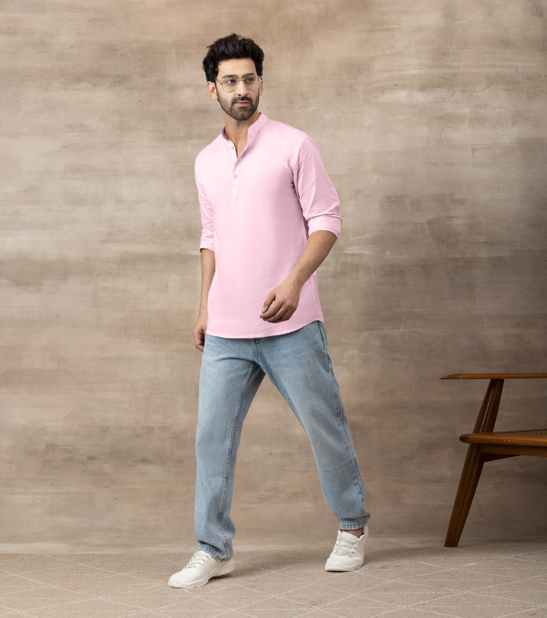 Cotton Chinese Collar Short Kurta for Men | Traditional Nehru Ethnic Shirts | Daily Wear-Pink