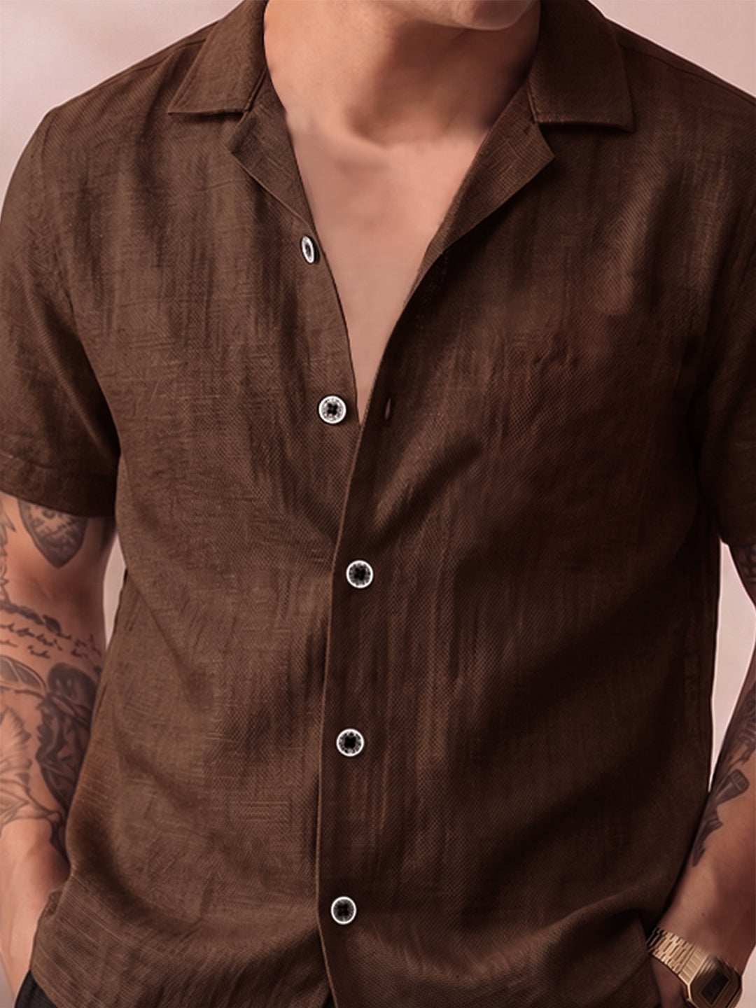 Men’s Premium Cotton Co-Ord Set | Resort Collar Shirt & Trouser Set | Brown