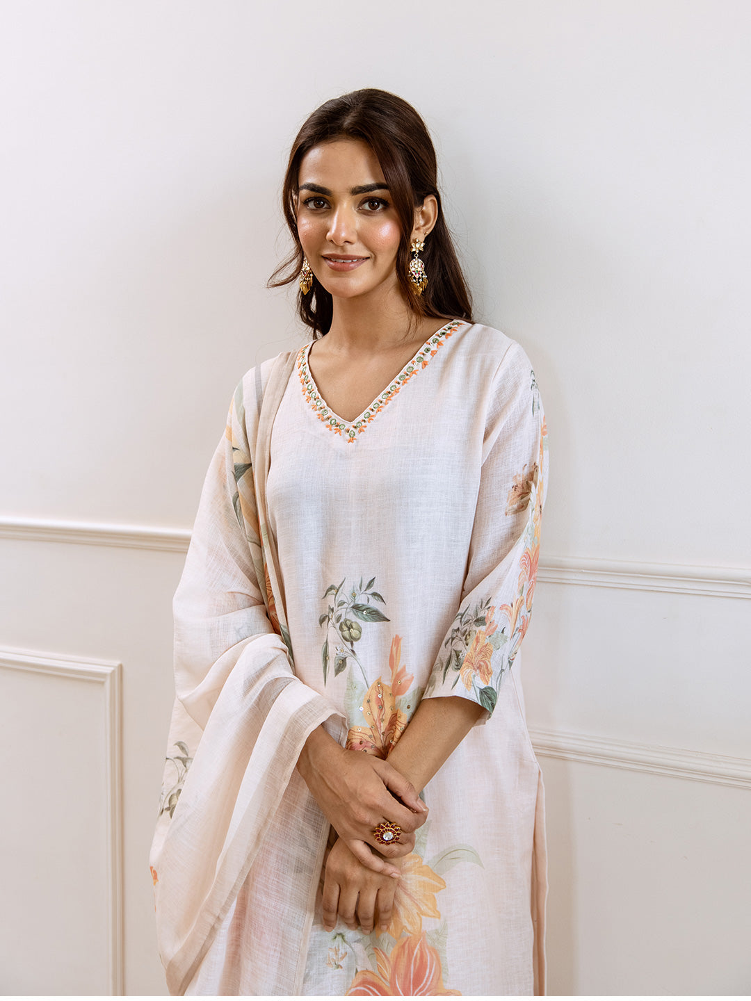 Floral Printed V-Neck Linen Straight Kurta Set with Dupatta- Cream