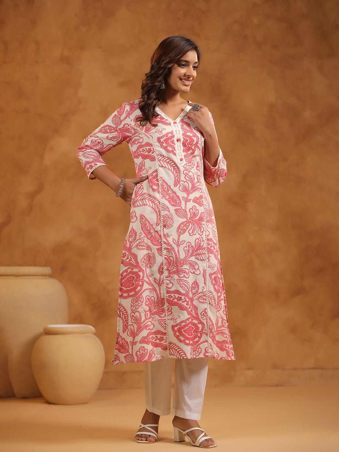 Floral Print Cotton V-Neck A-Line Long Kurti- Pink & Cream