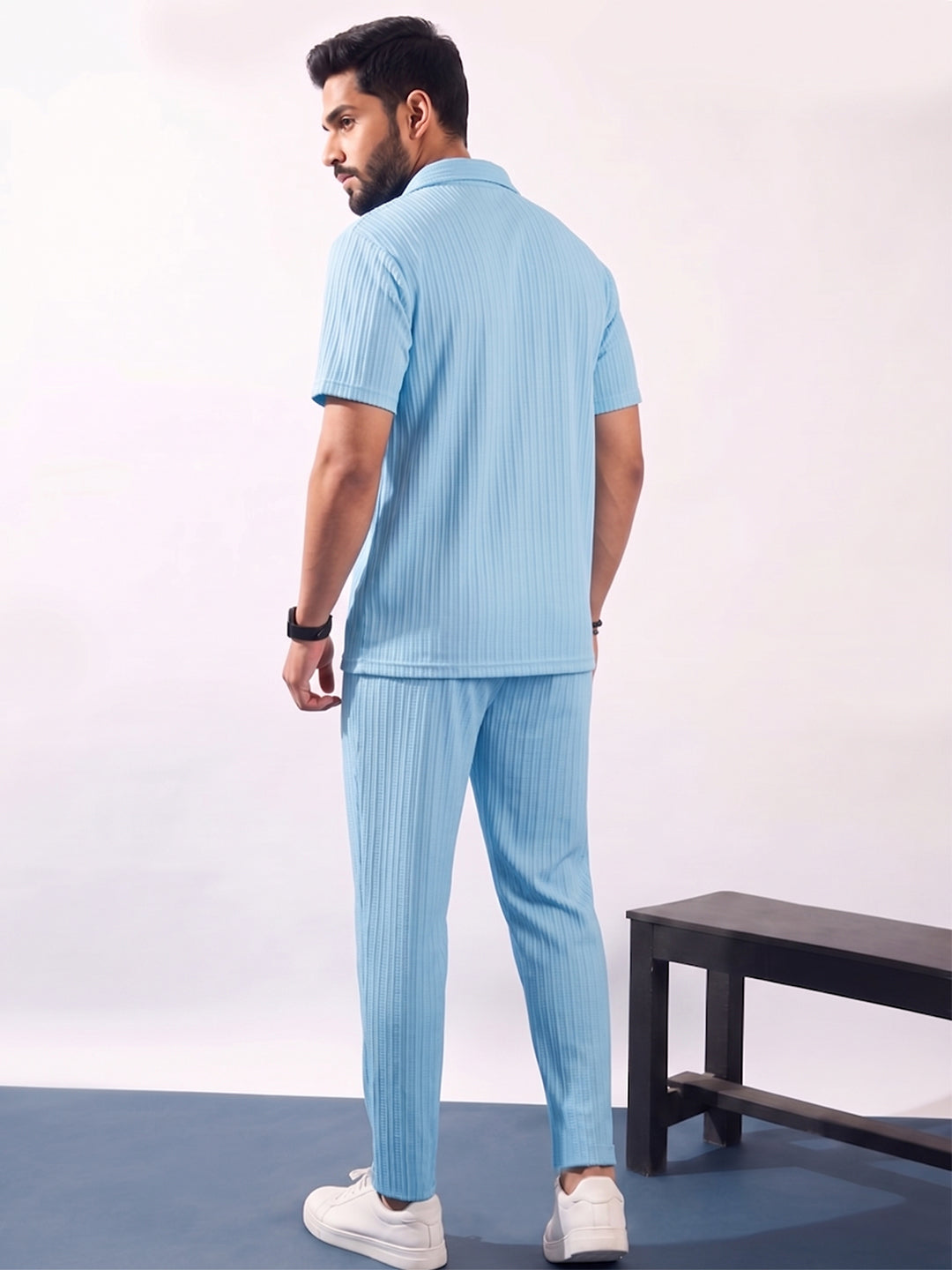 Men’s Light Sky Textured Co-Ord Set – Premium Relaxed Fit Shirt & Trouser Set
