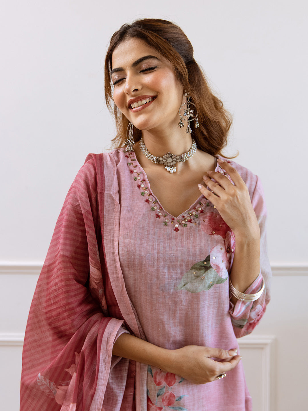 Floral Printed V-Neck Linen Straight Kurta Set with Dupatta- Rose Pink