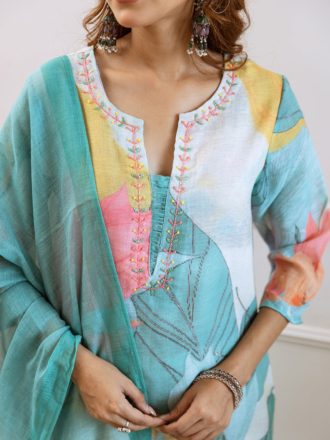Floral Printed Notched Neck Linen Straight Kurta Set with Dupatta- Multicolor