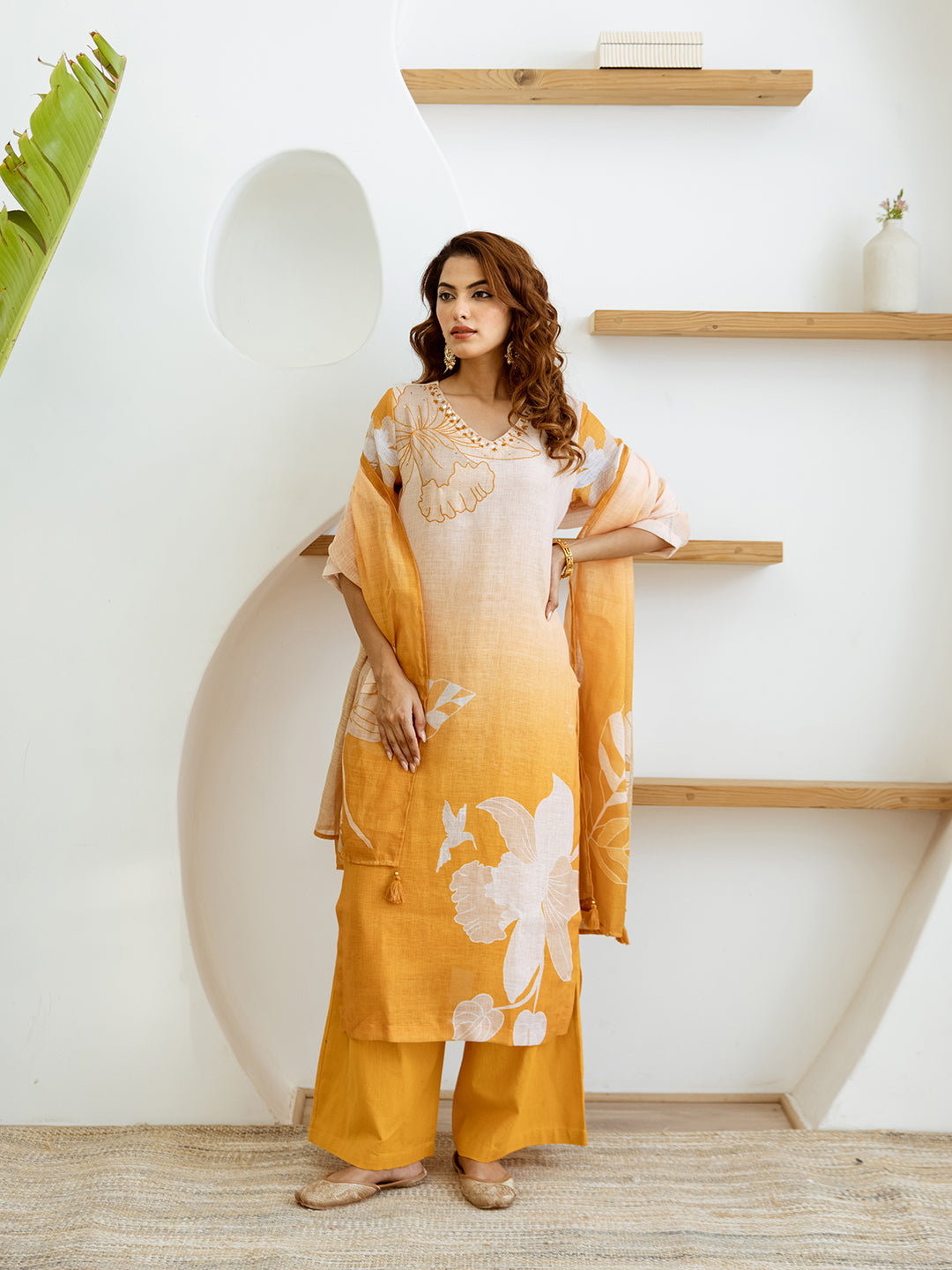 Floral Printed V-Neck Linen Straight Kurta Set with Dupatta- Yellow