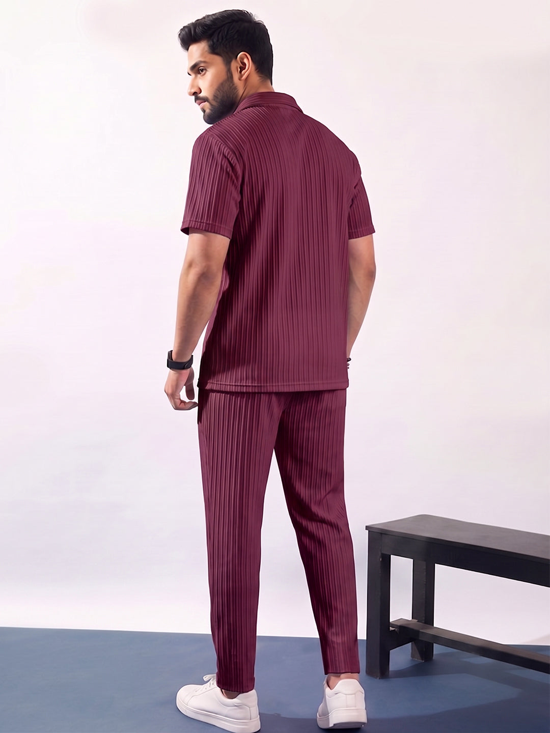Men’s Dark Maroon Textured Co-Ord Set – Premium Relaxed Fit Shirt & Trouser Set