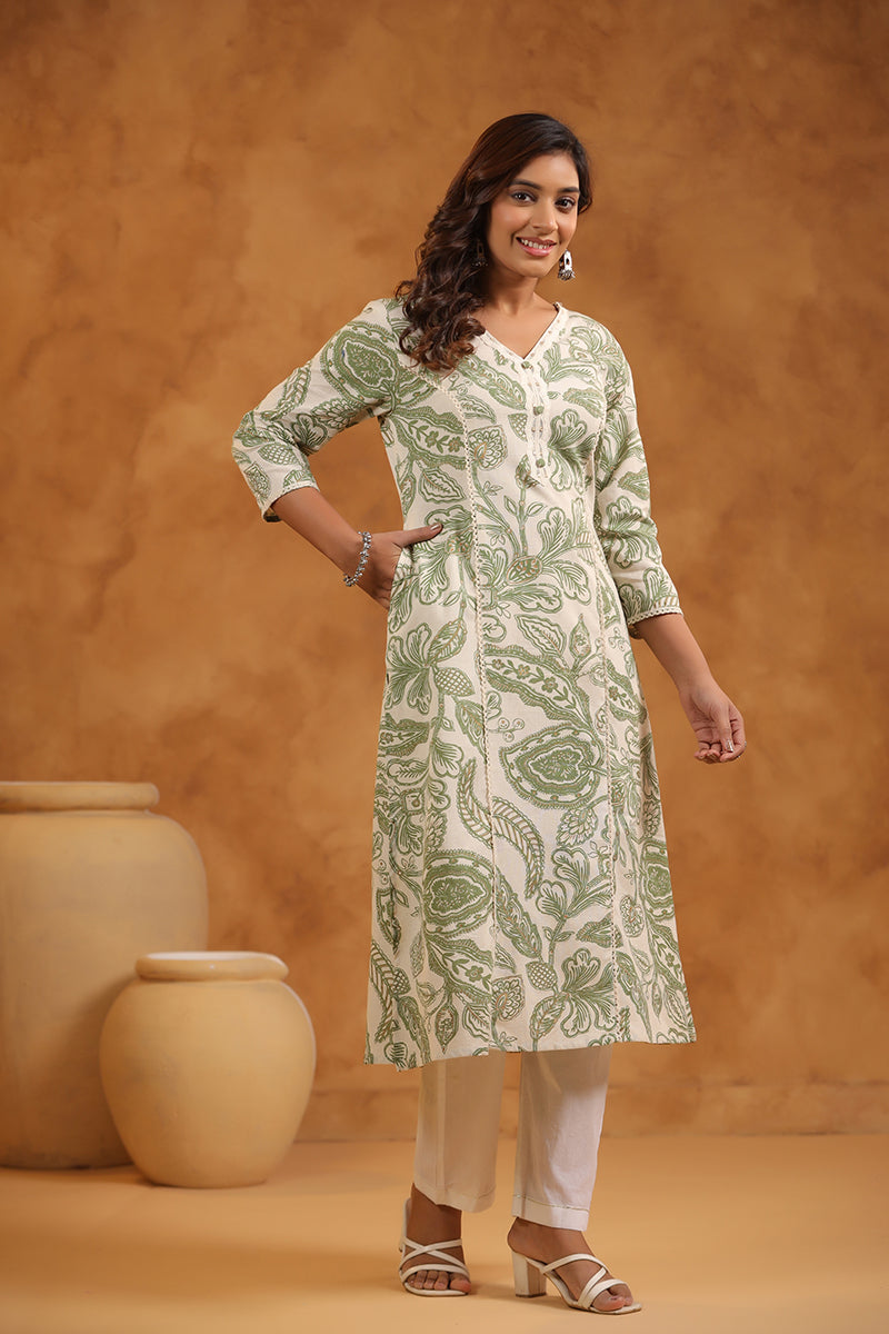 Floral Print Cotton V-Neck A-Line Long Kurti- Green & Cream