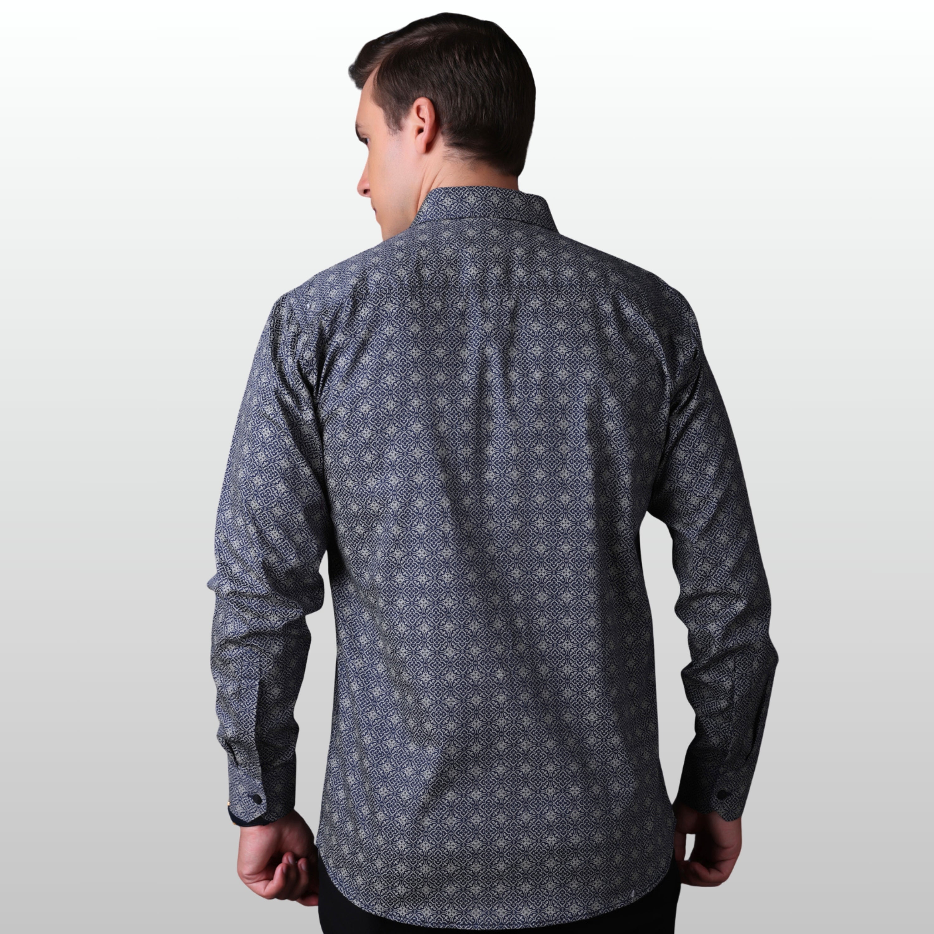 PRINTED SHIRTS | FORMAL & CASUAL SHIRTS FOR MEN | FILO HEVIS GEOMETRIC PRINTS SHIRT COLLECTION-Navy