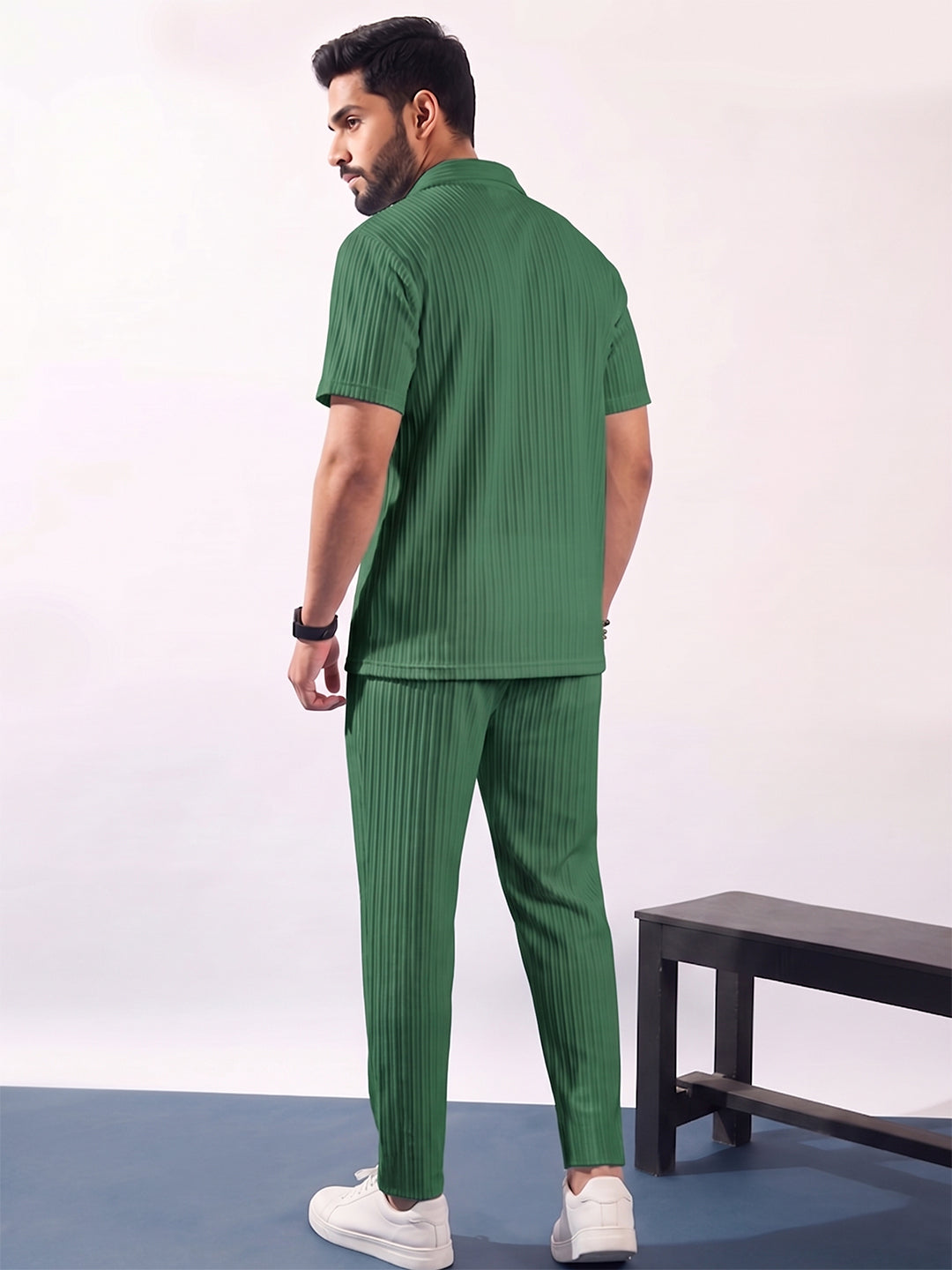 Men’s Mehndi Olive Textured Co-Ord Set – Premium Relaxed Fit Shirt & Trouser Set
