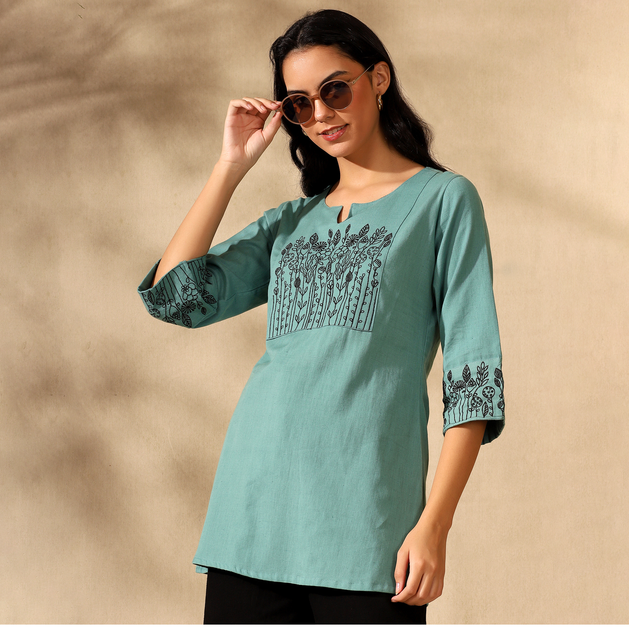 Botanical Embroidered Pure Cotton Green Short Kurti/Tunic