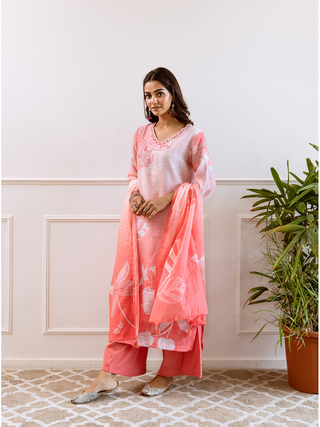 Floral Printed V-Neck Linen Straight Kurta Set with Dupatta- Light Pink