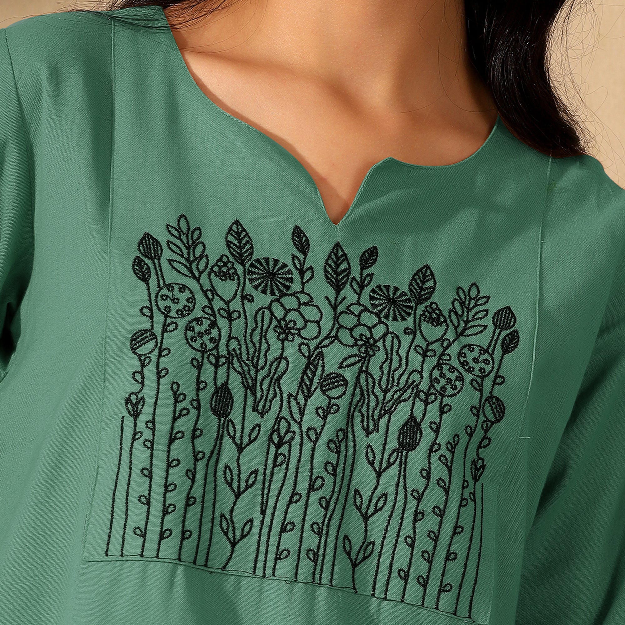 Botanical Embroidered Pure Cotton Tunic With Trousers Green Co-ord Set