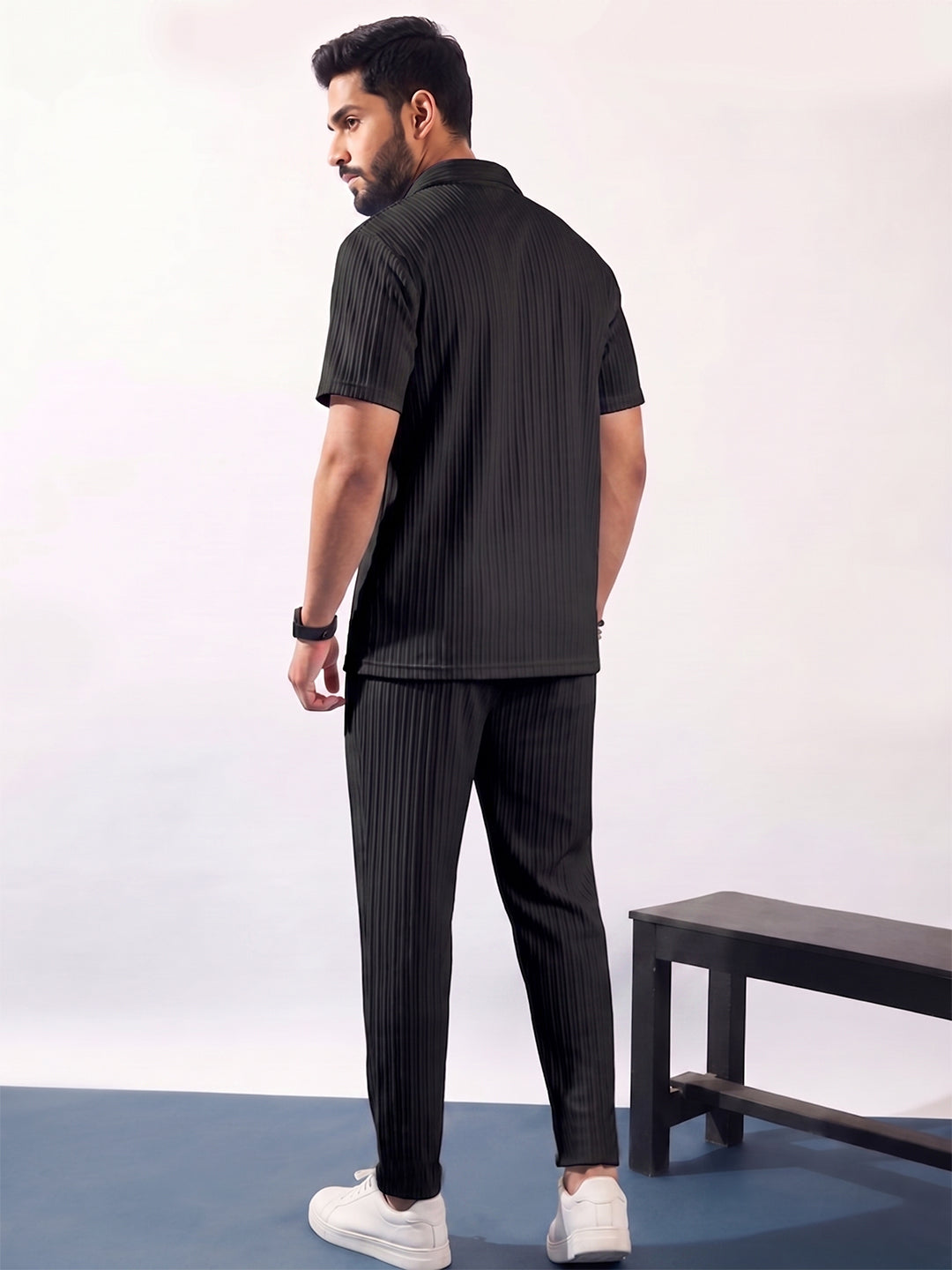 Men’s Black Textured Co-Ord Set – Premium Relaxed Fit Shirt & Trouser Set