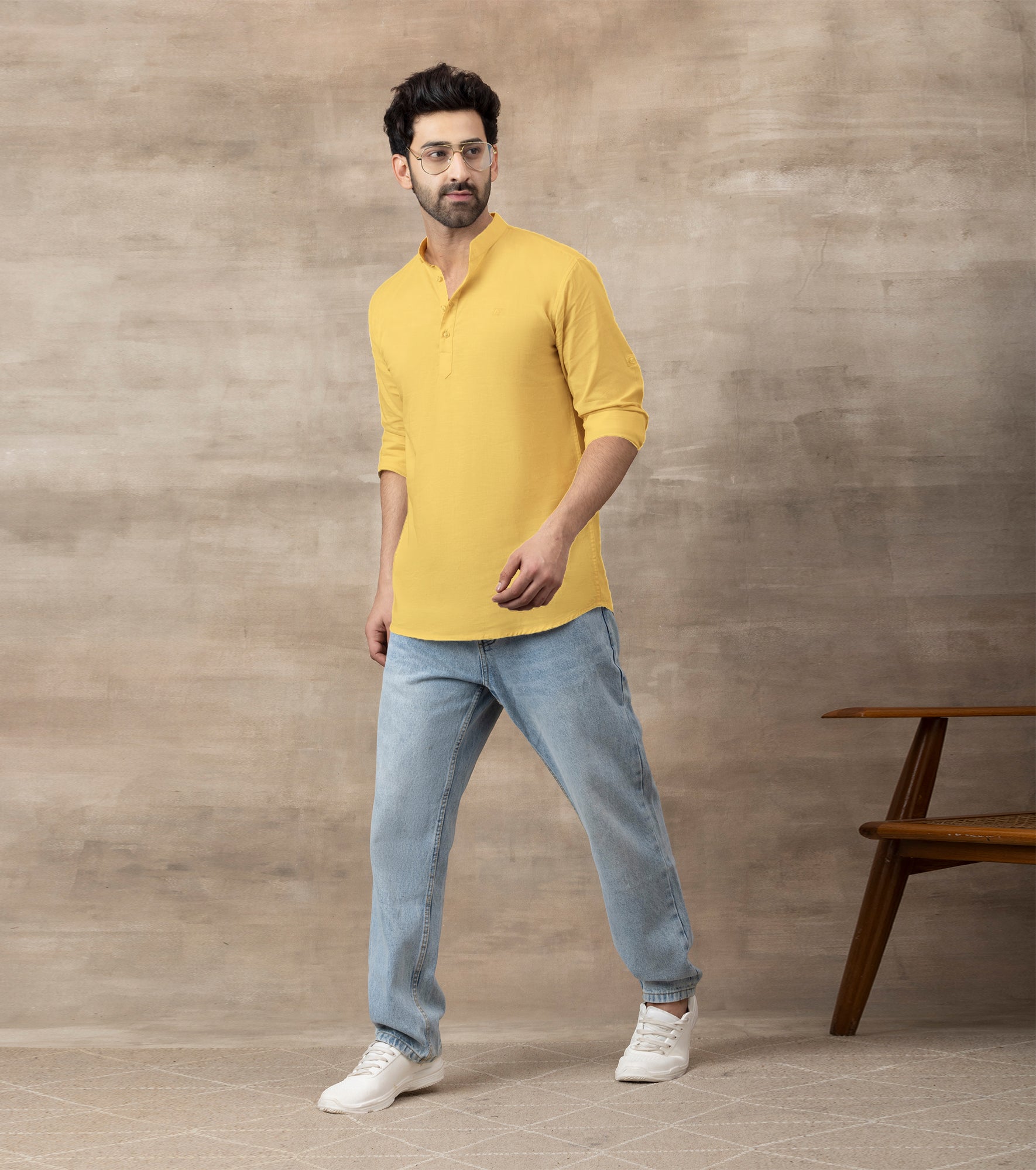 Cotton Chinese Collar Short Kurta for Men | Traditional Nehru Ethnic Shirts | Daily Wear-Yellow