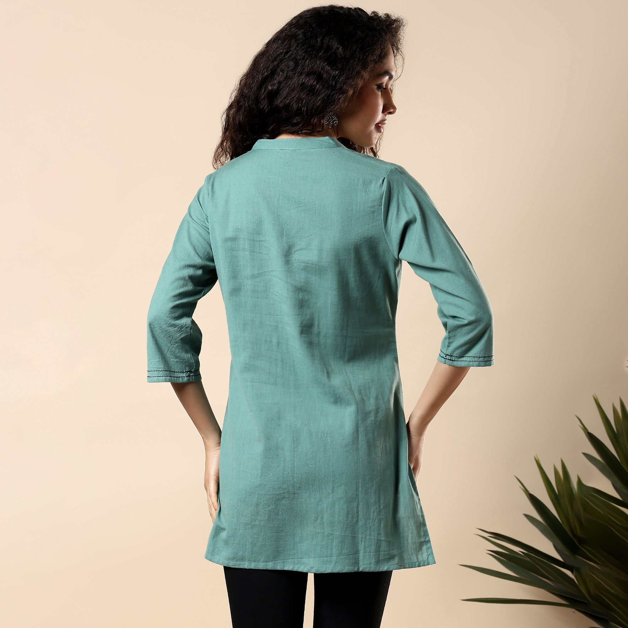 Floral Embroidered Pure Cotton Green Short Kurti/Tunic