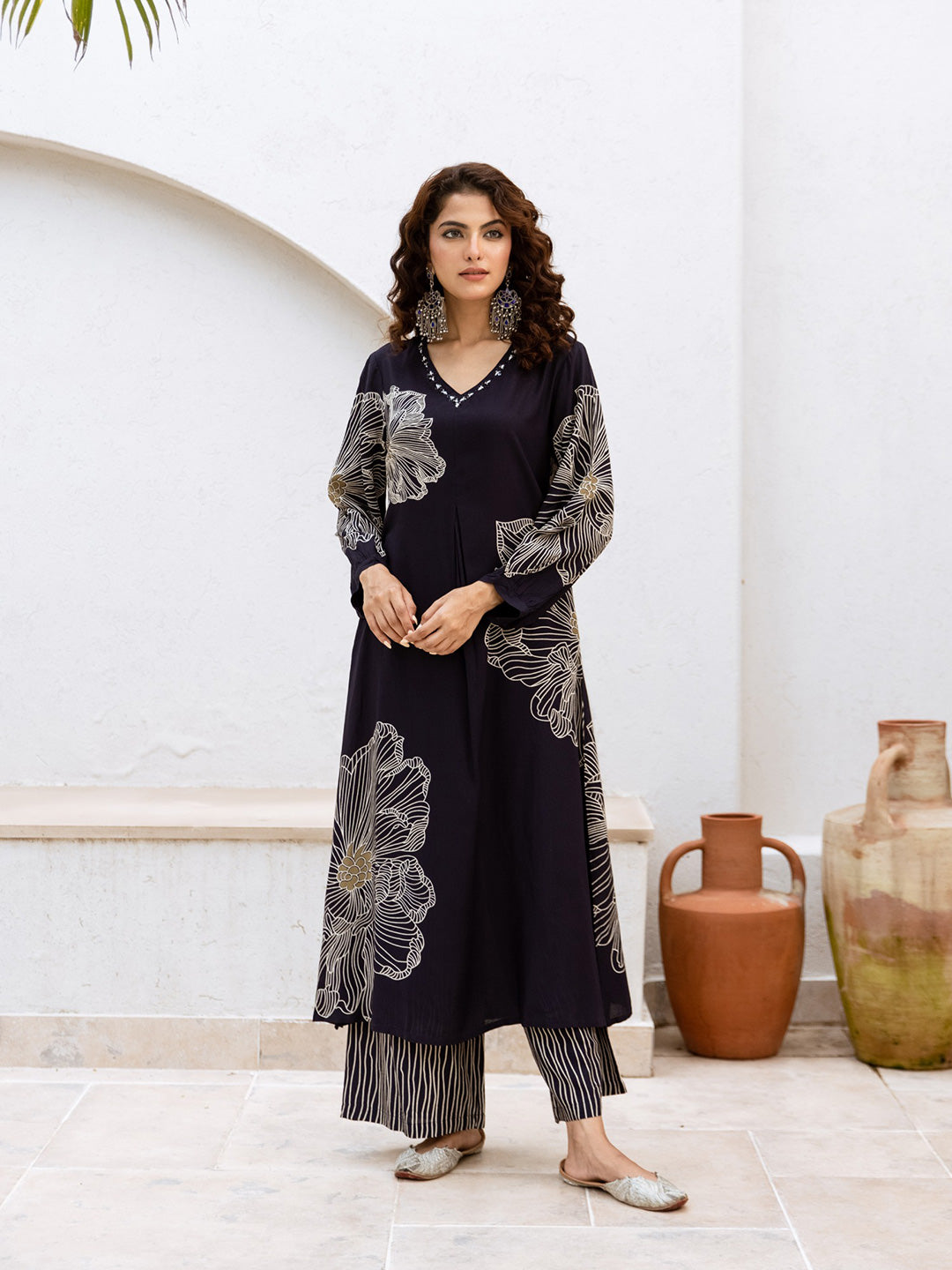 Floral Printed V-Neck A-Line Cotton Rayon Kurta Set- Navy Blue