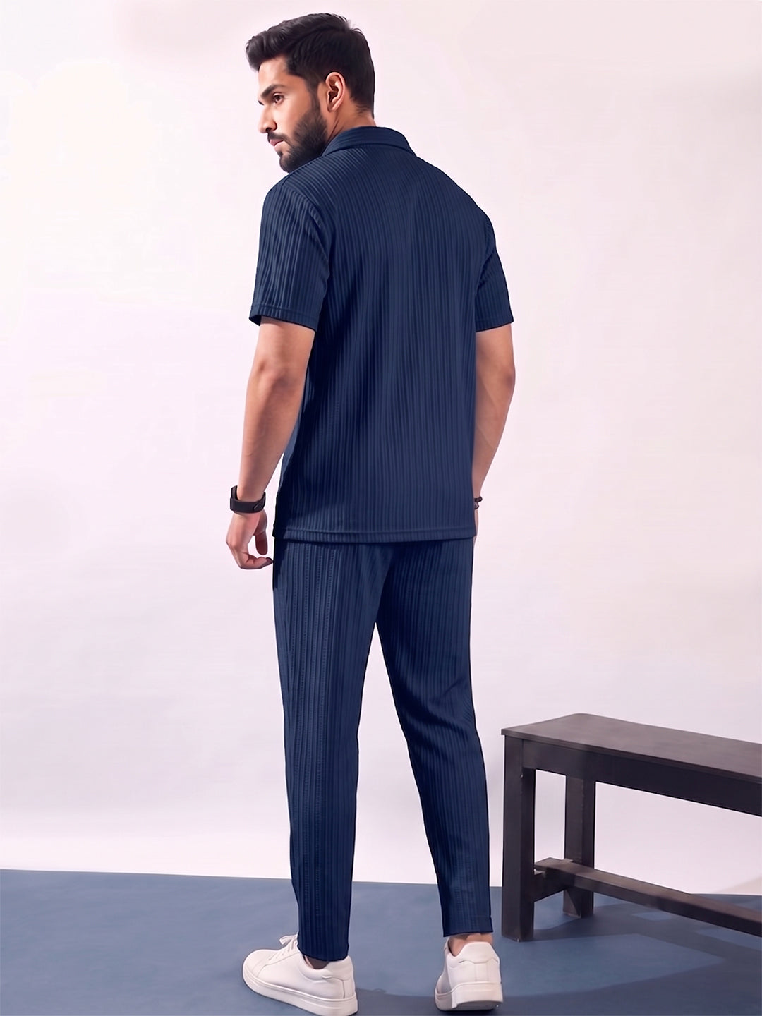 Men’s Navy Blue Textured Co-Ord Set – Premium Relaxed Fit Shirt & Trouser Set