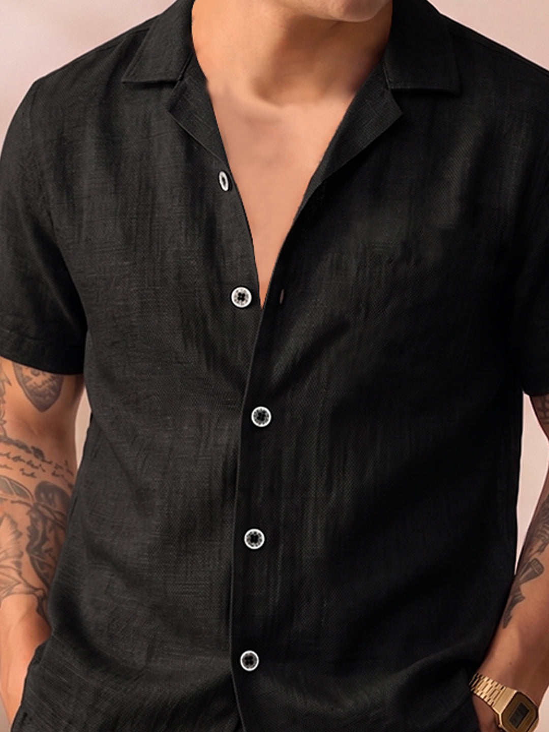 Men’s Premium Cotton Co-Ord Set | Resort Collar Shirt & Trouser Set | Black