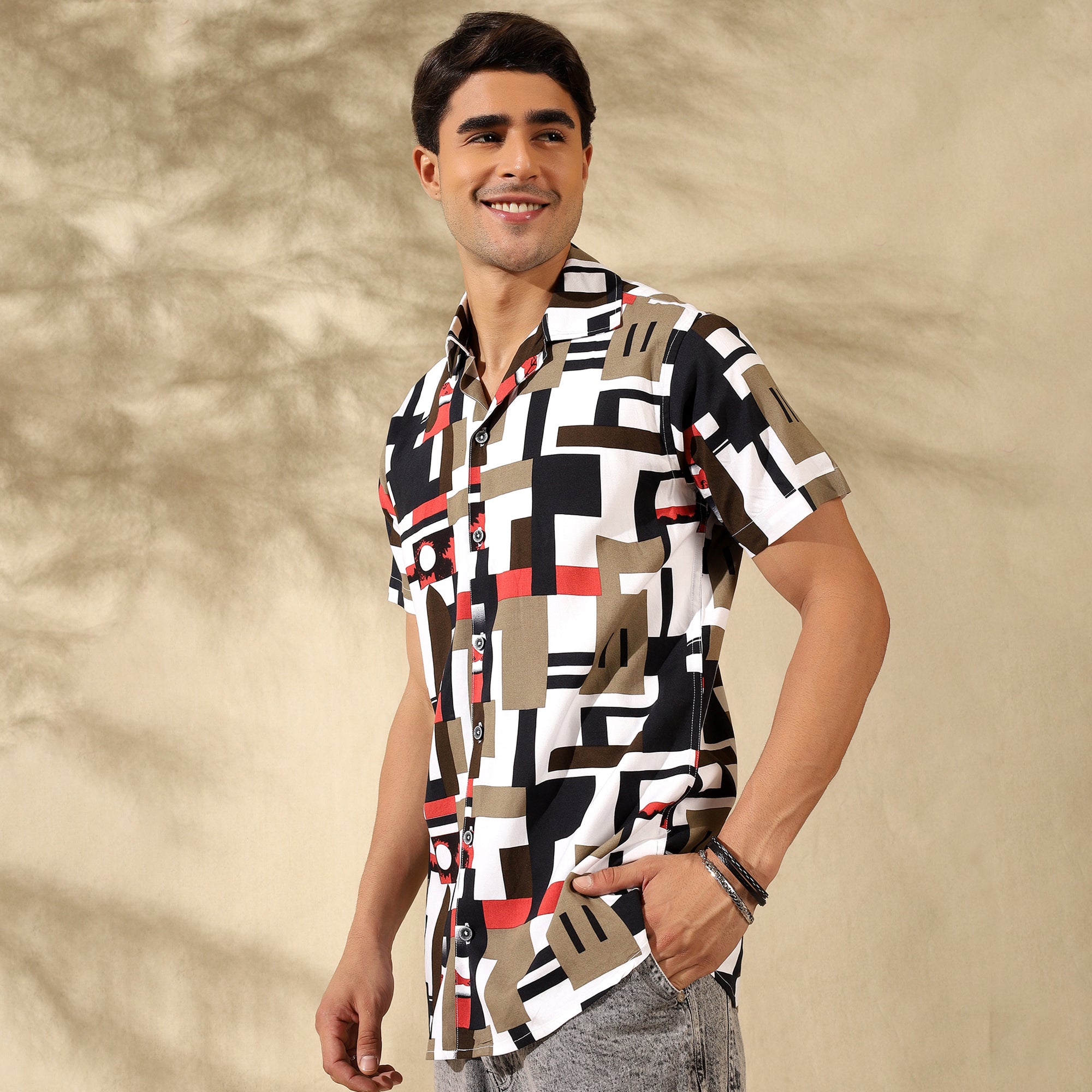 RED HALF CASUAL PRINTED COTTON SHIRT REGULAR FIT FOR MEN