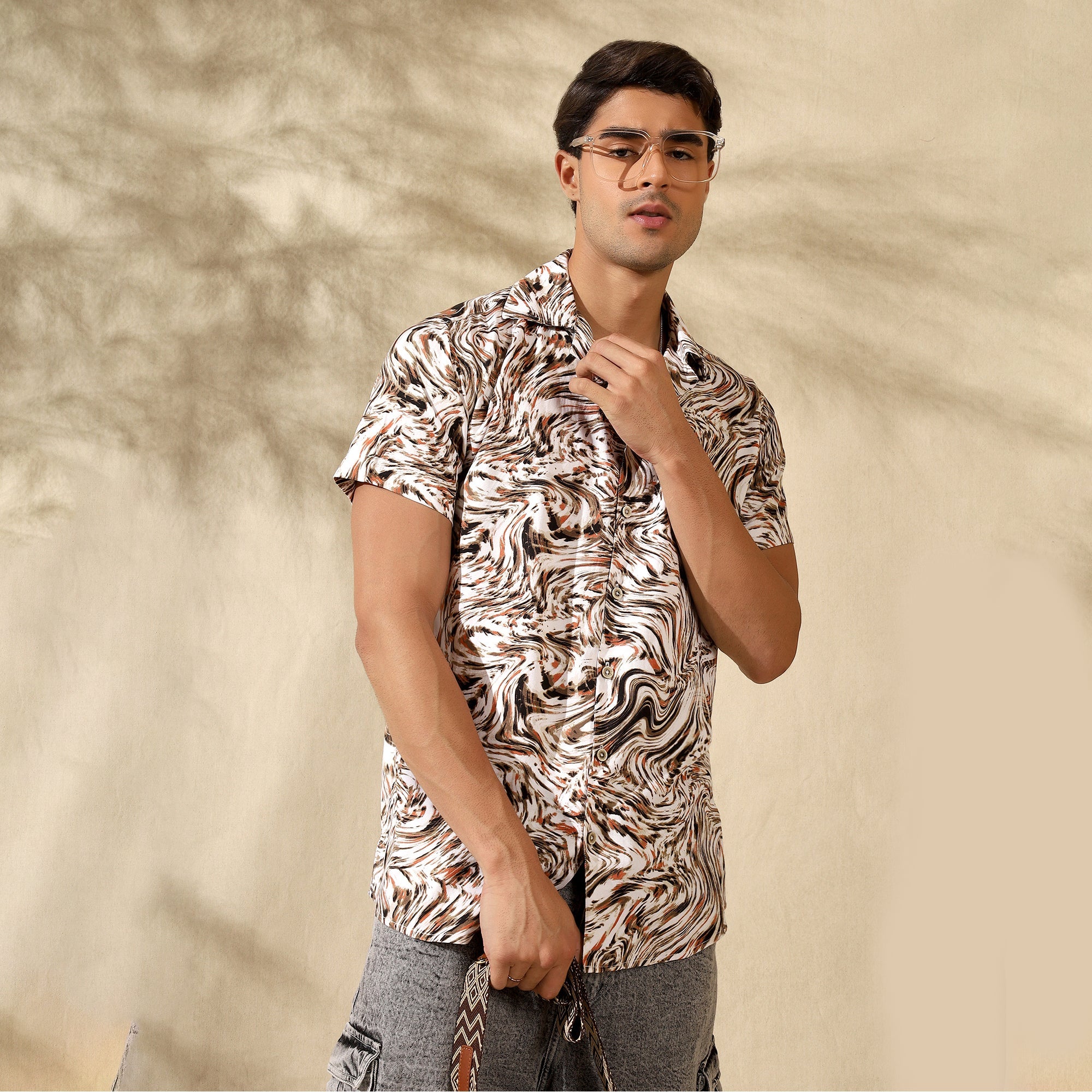 BROWN HALF CASUAL PRINTED COTTON SHIRT REGULAR FIT FOR MEN Filo Hevis
