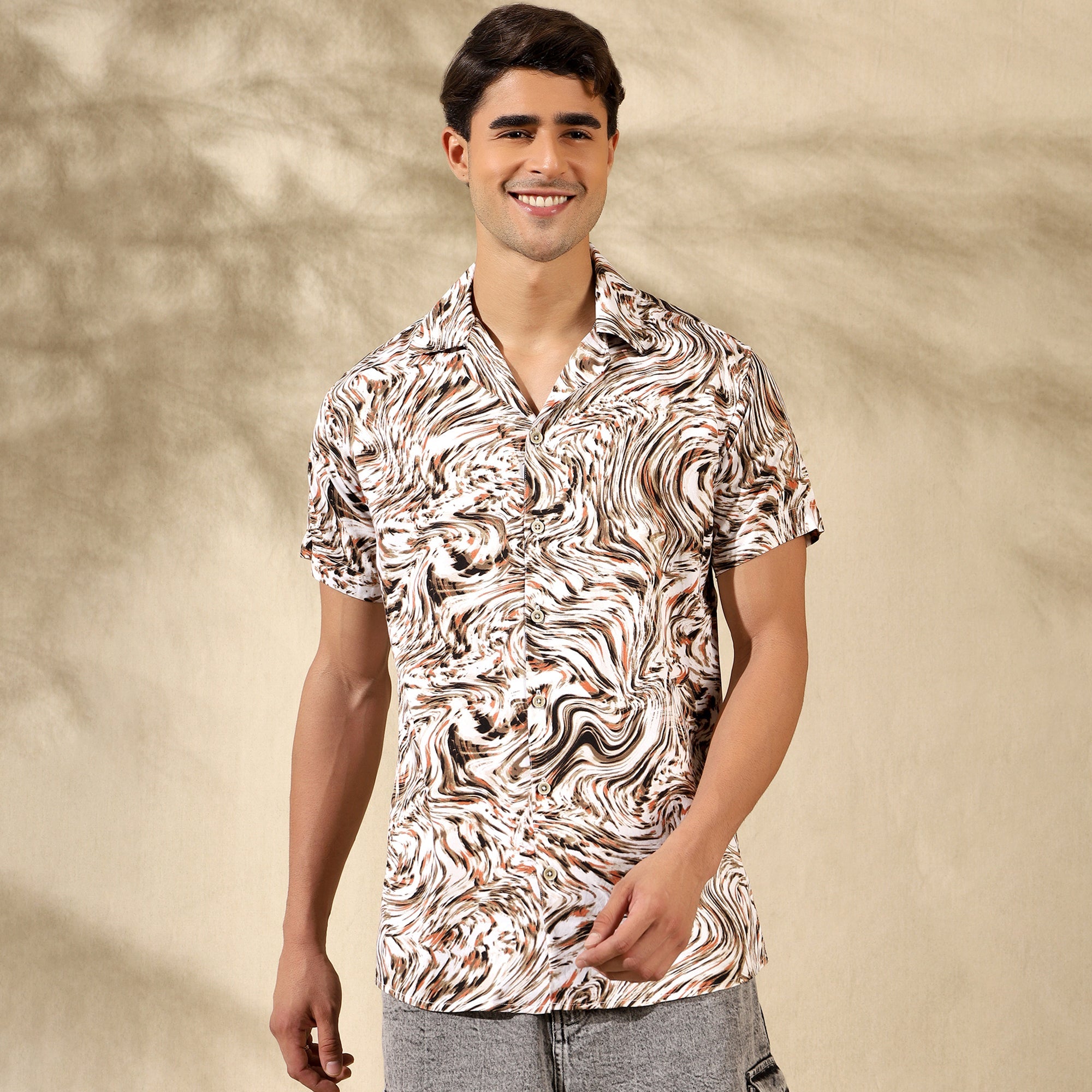 BROWN HALF CASUAL PRINTED COTTON SHIRT REGULAR FIT FOR MEN Filo Hevis