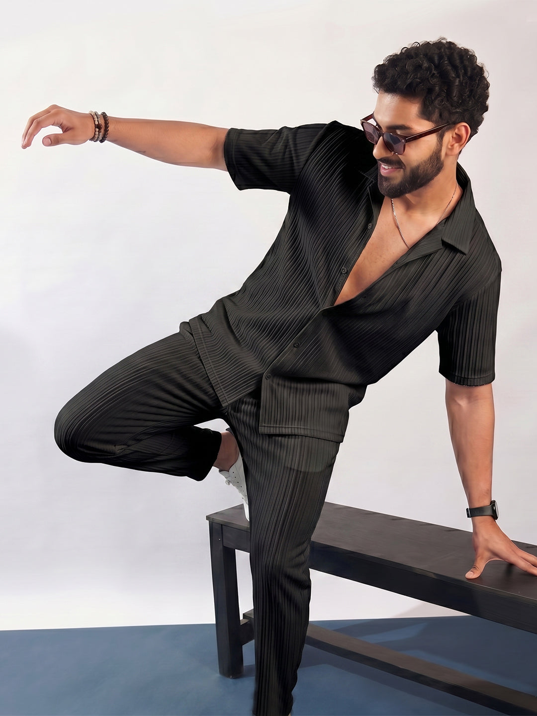 Men’s Black Textured Co-Ord Set – Premium Relaxed Fit Shirt & Trouser Set