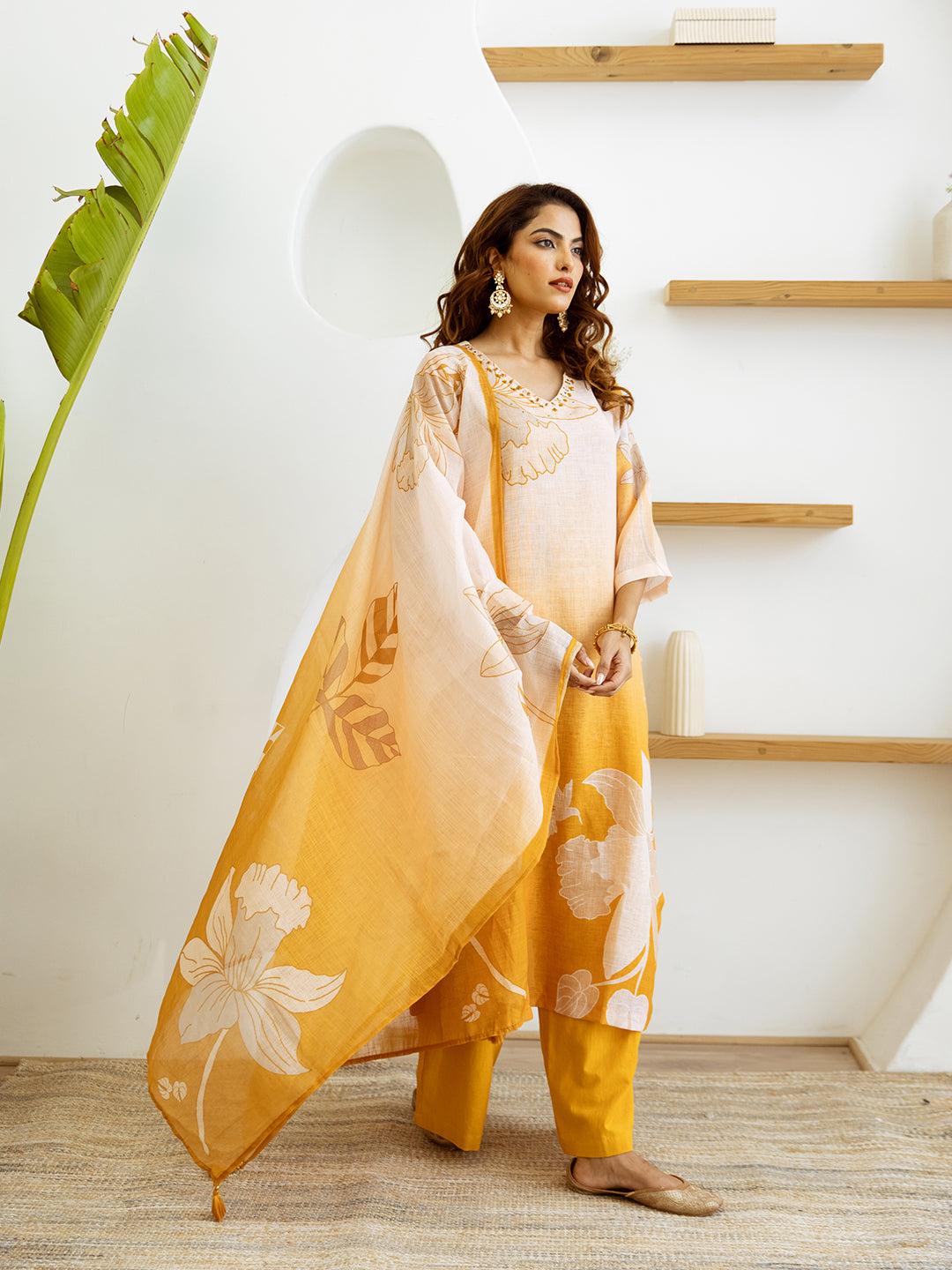 Floral Printed V-Neck Linen Straight Kurta Set with Dupatta- Yellow