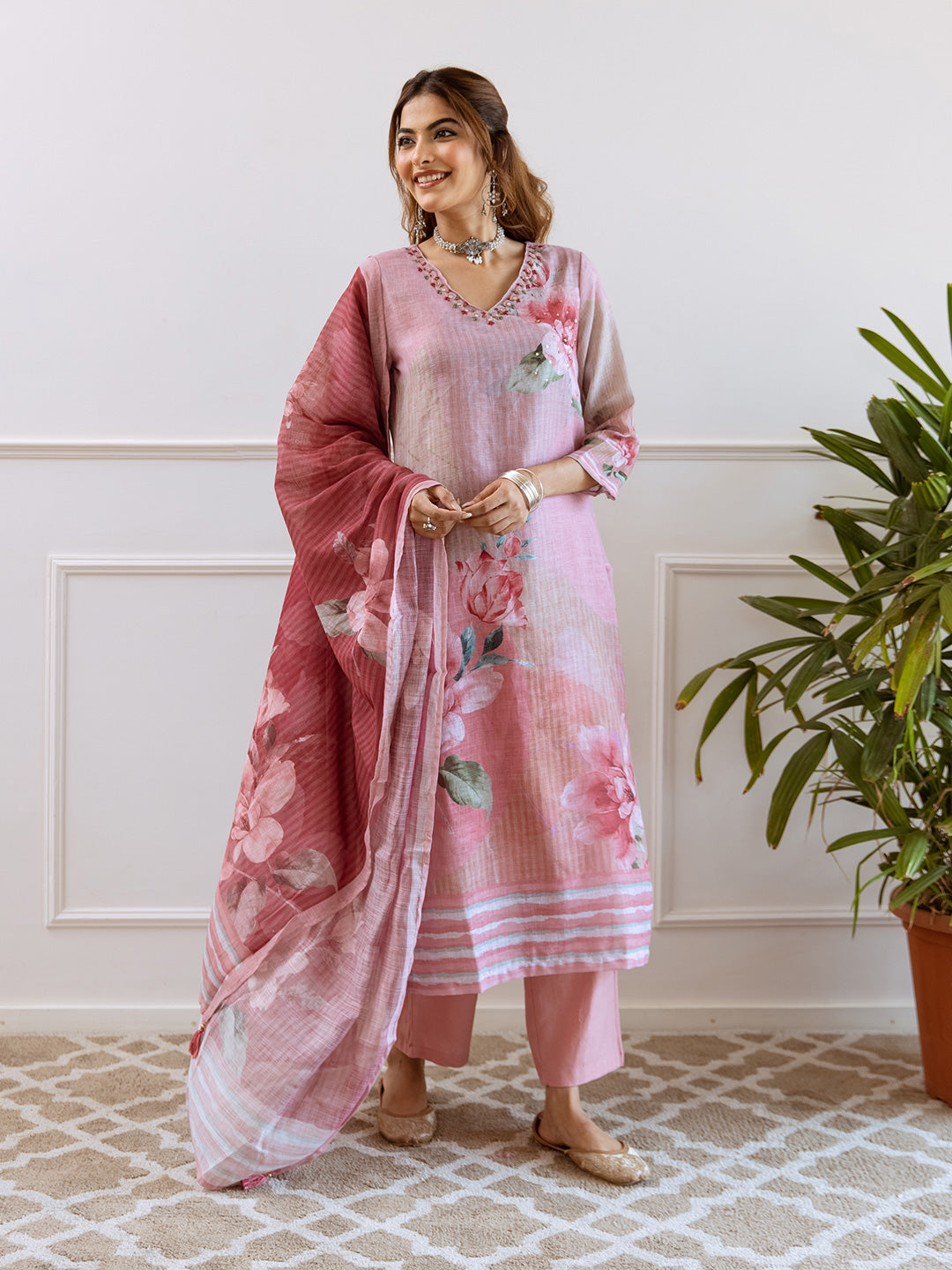 Floral Printed V-Neck Linen Straight Kurta Set with Dupatta- Rose Pink