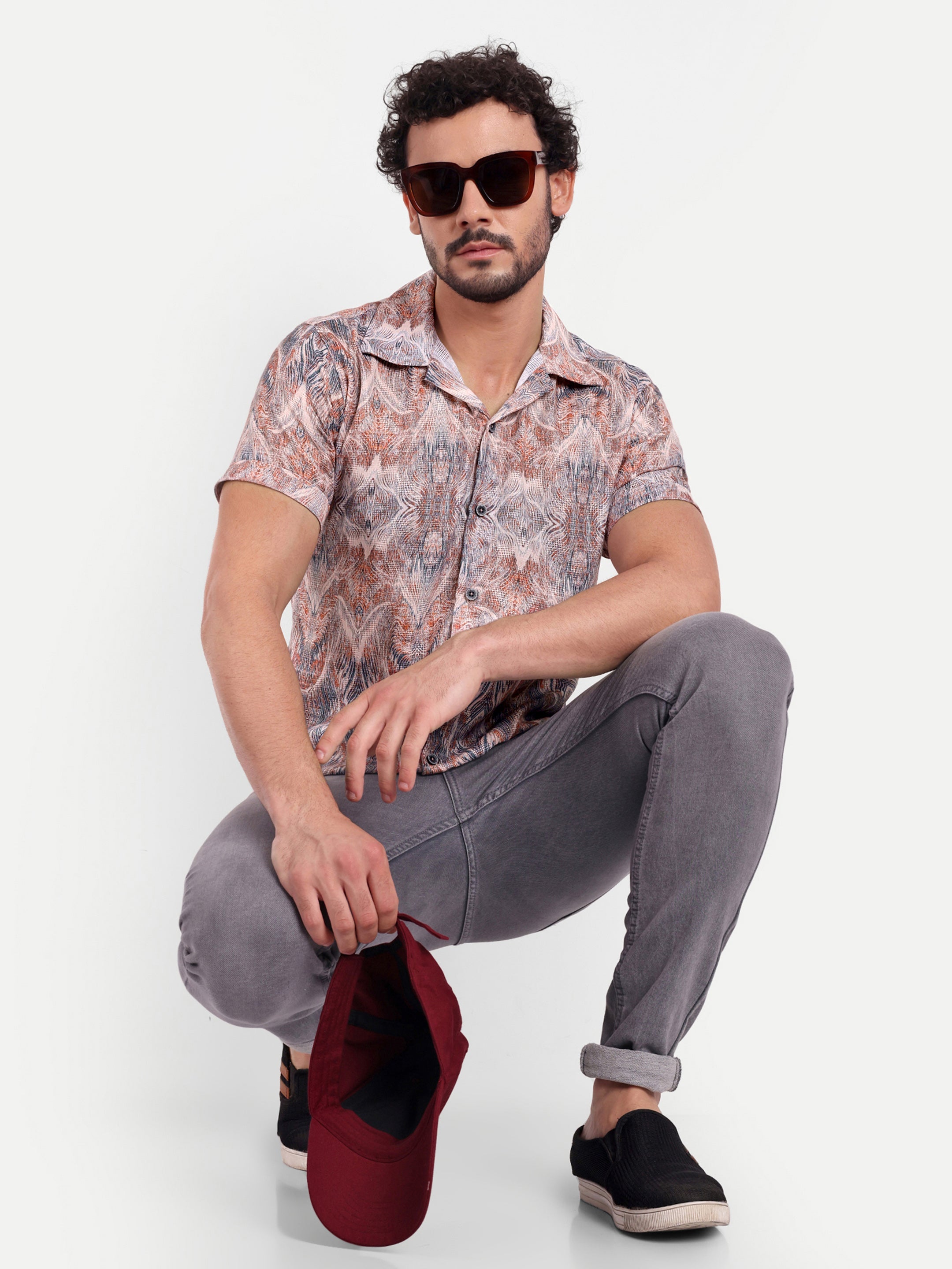 Blue Orange Printed Textured Half Shirt My Store