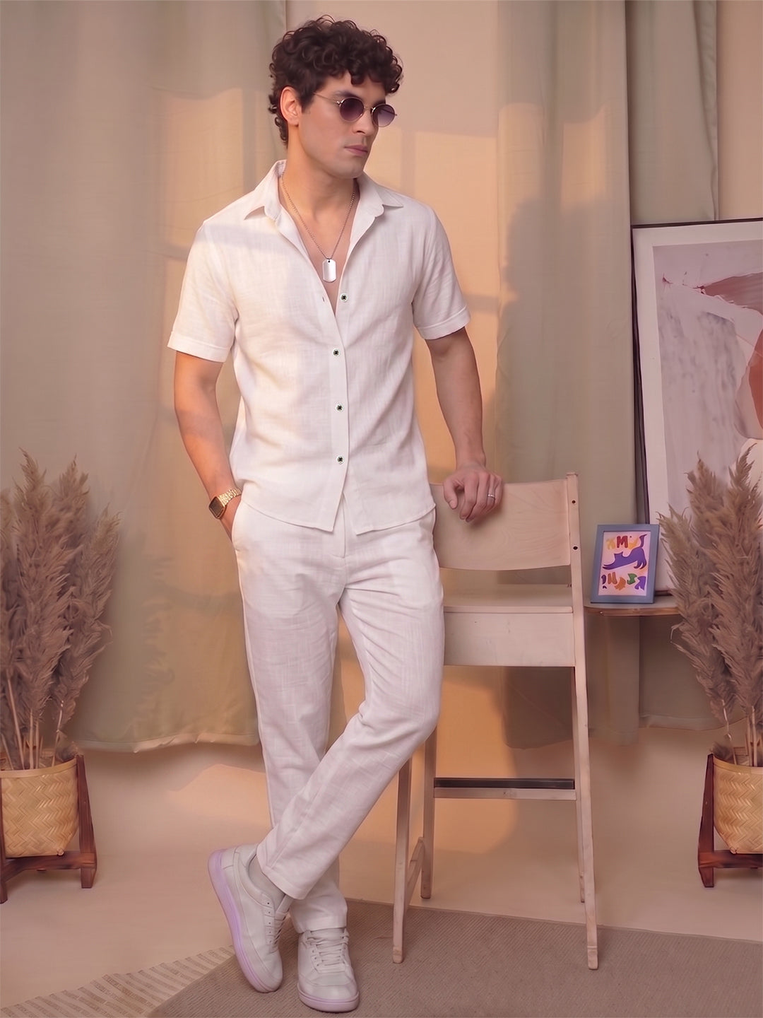Men’s Premium Cotton Co-Ord Set | Resort Collar Shirt & Trouser Set | White
