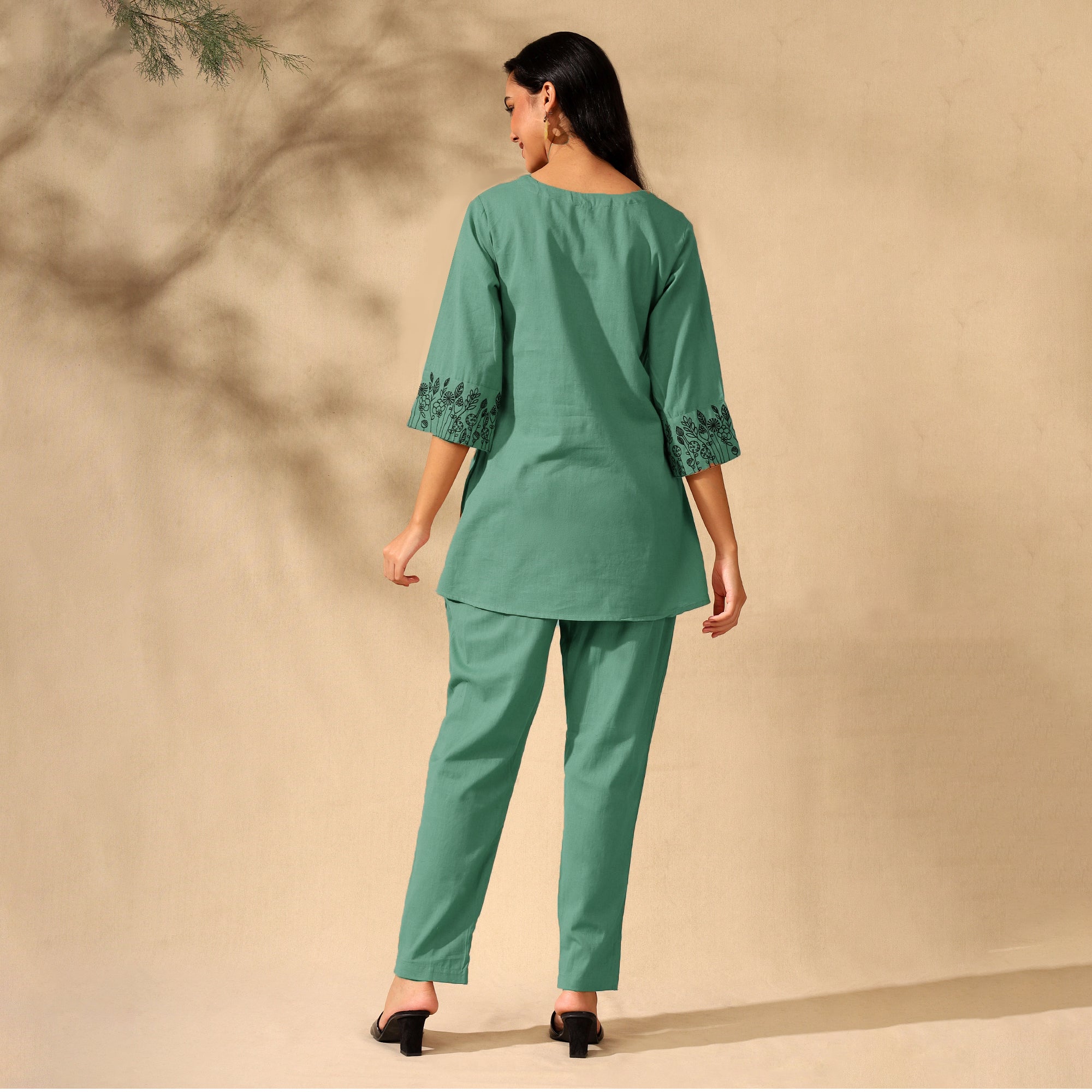 Botanical Embroidered Pure Cotton Tunic With Trousers Green Co-ord Set